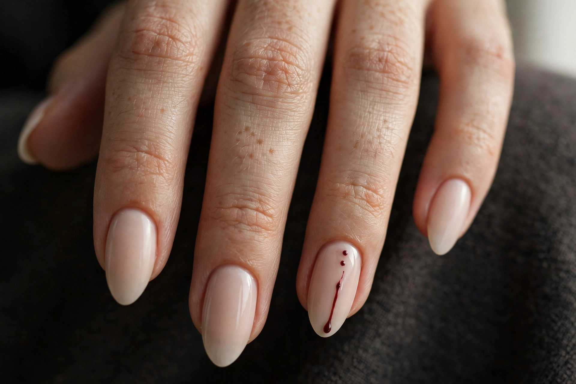 Pale nude almond nails with vampire bite dots and a thin blood drip on one accent nail