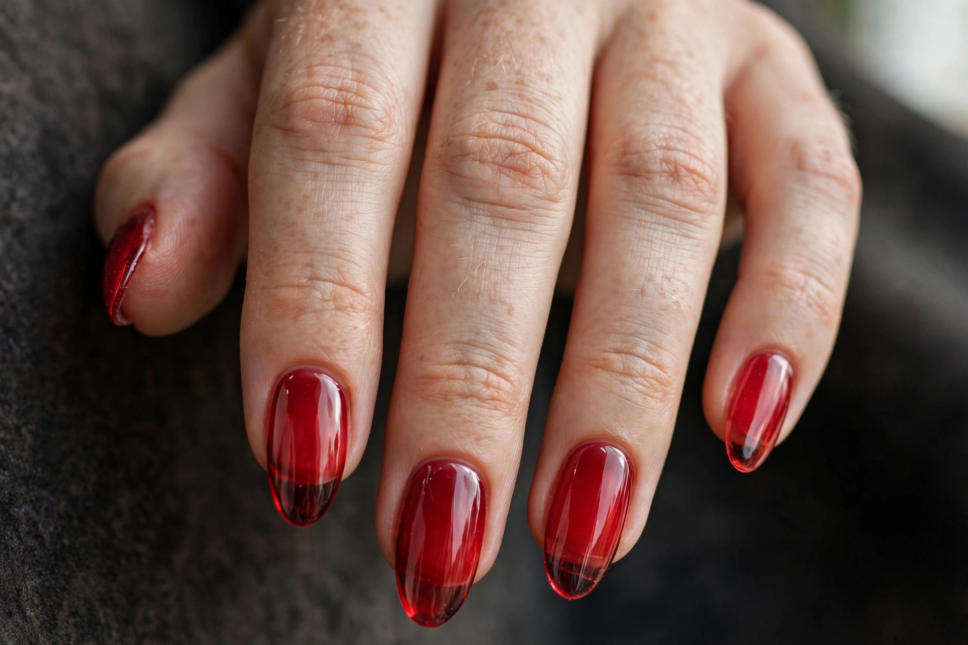 Translucent red jelly glass blood almond nails with glossy finish