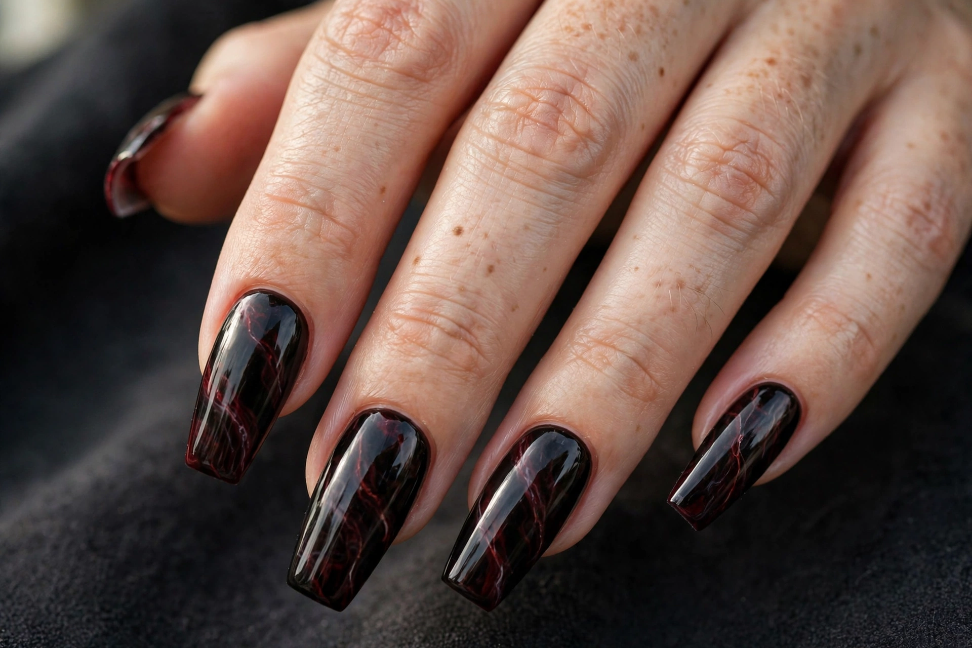 Coffin nails with black base and dark red marble vein swirls in glossy finish