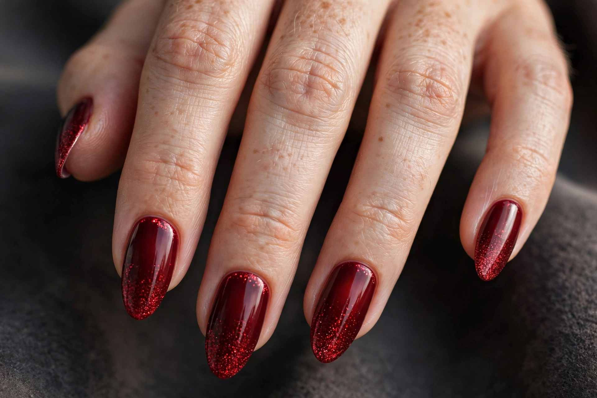 Almond nails with deep oxblood red base fading into fine red glitter at the tips