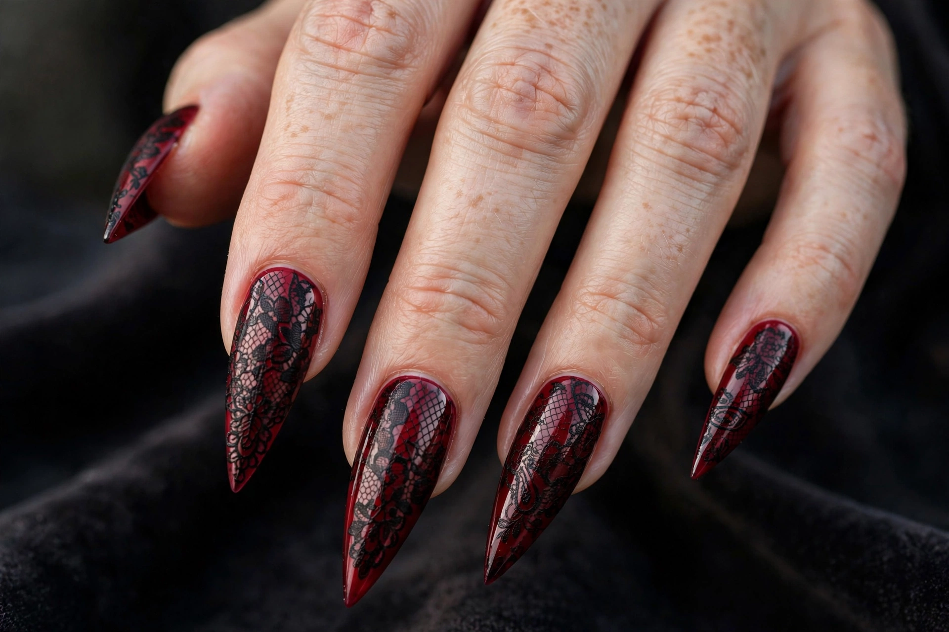Stiletto nails with deep red base and black lace-pattern overlay stamping