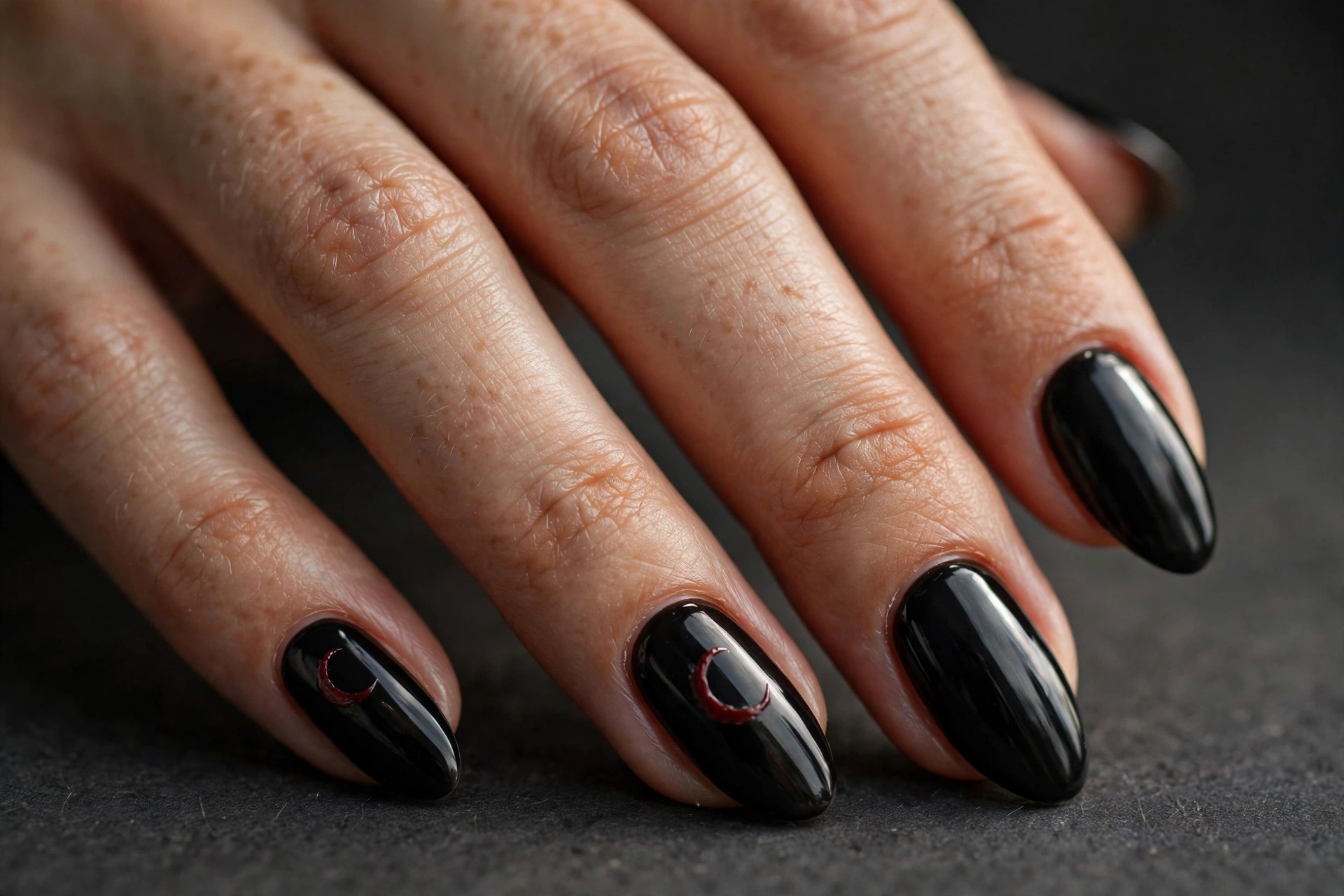 Black almond nails with blood-red crescent moon accent art
