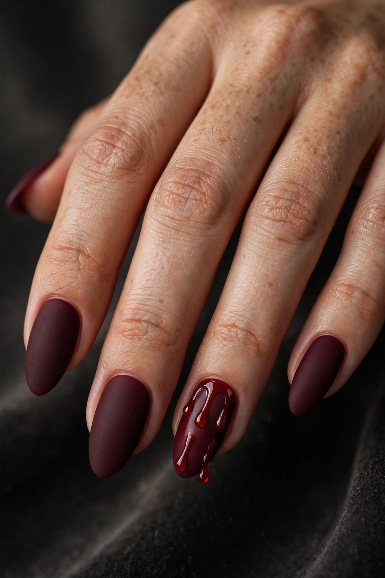 Matte oxblood almond nails with glossy blood-red drip art on accent nails