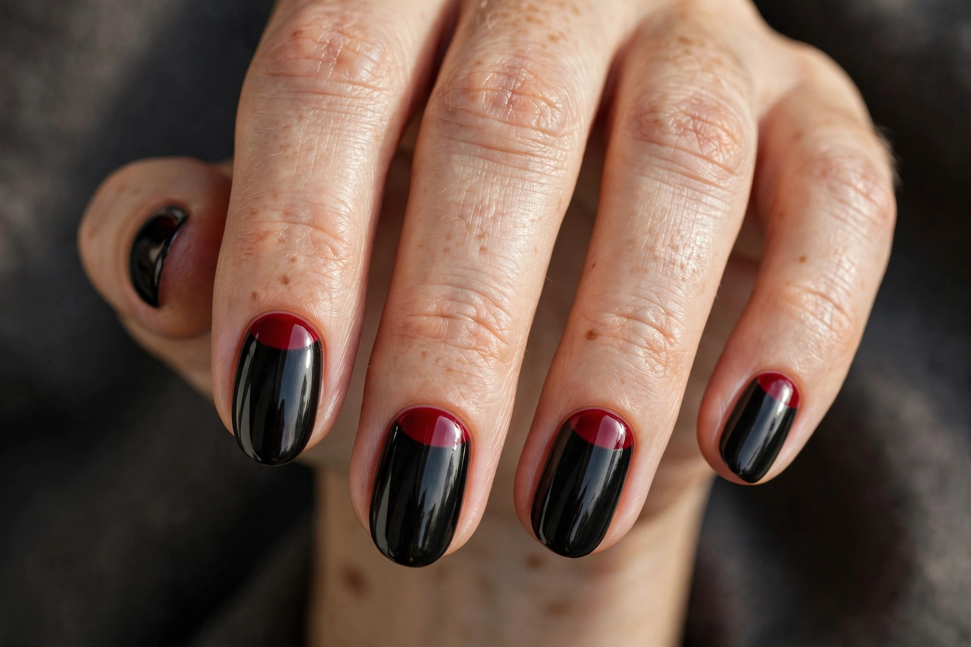 Oval nails with black base and blood-red half-moons at the cuticles in glossy finish