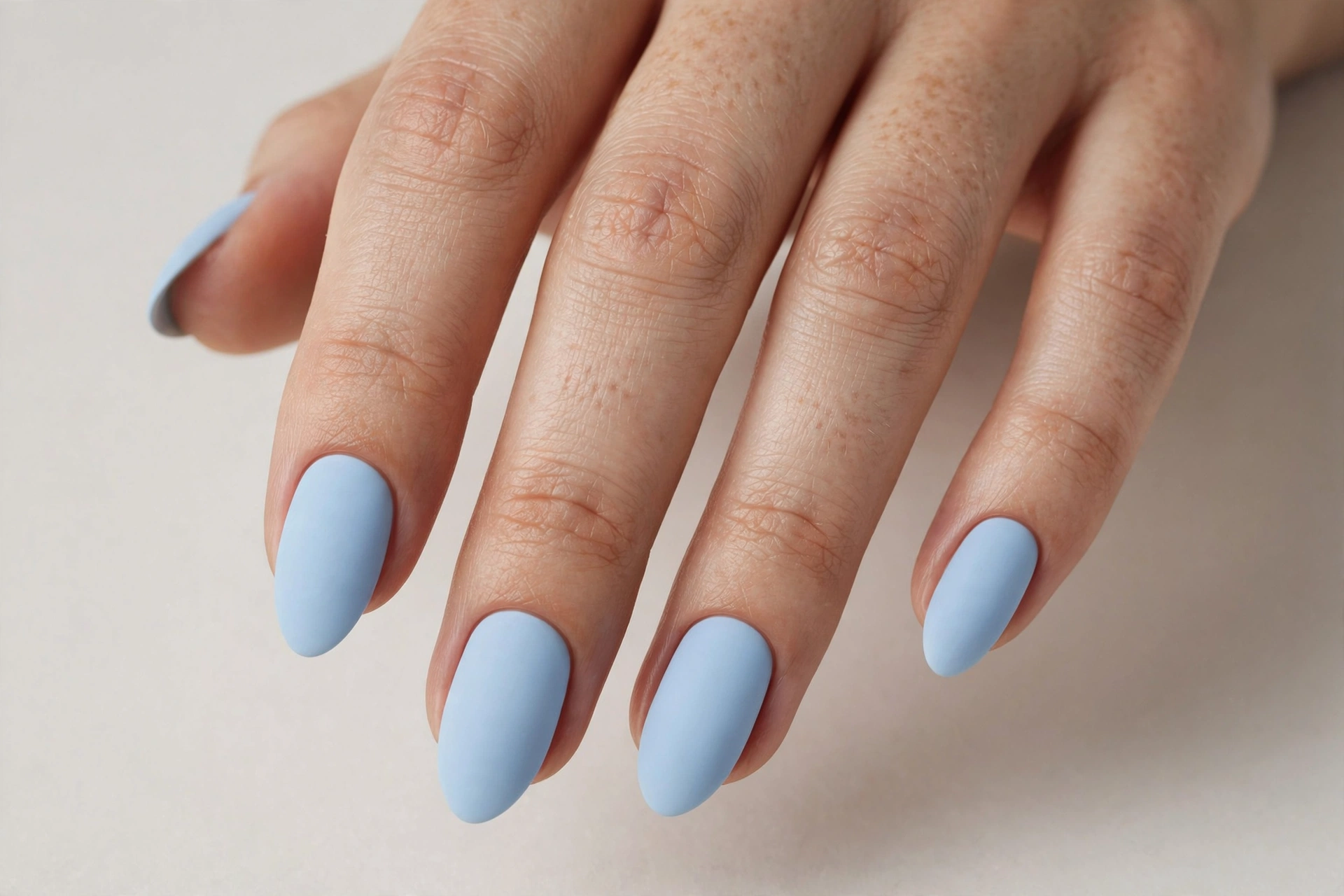 Baby blue matte finish nail polish on almond nails
