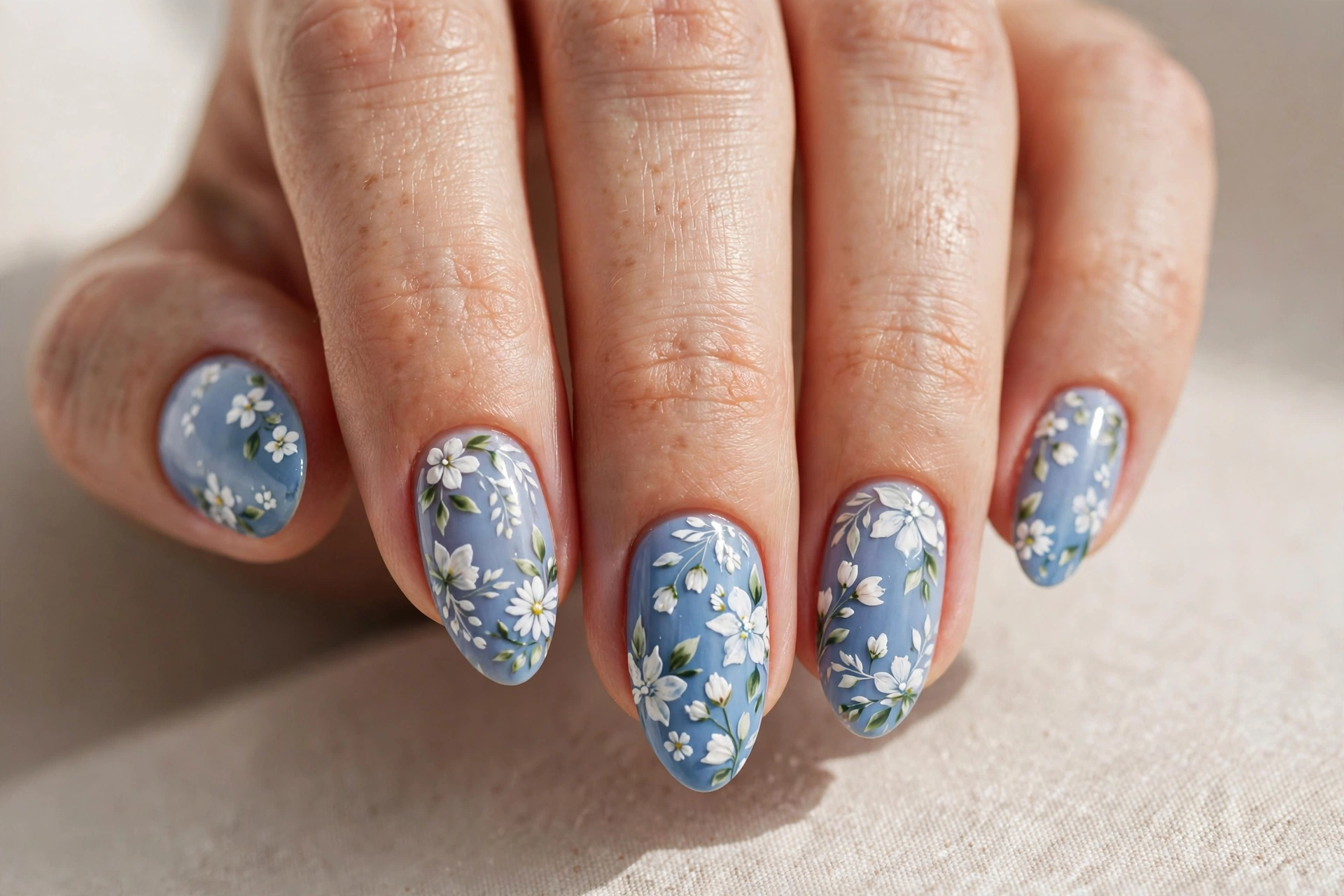 Blue and white floral nail art with delicate white flowers