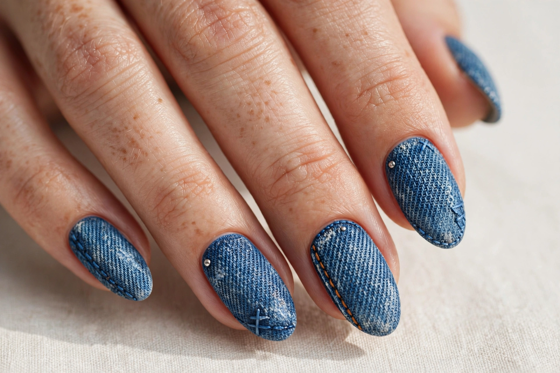 Denim blue textured jean-inspired nail art