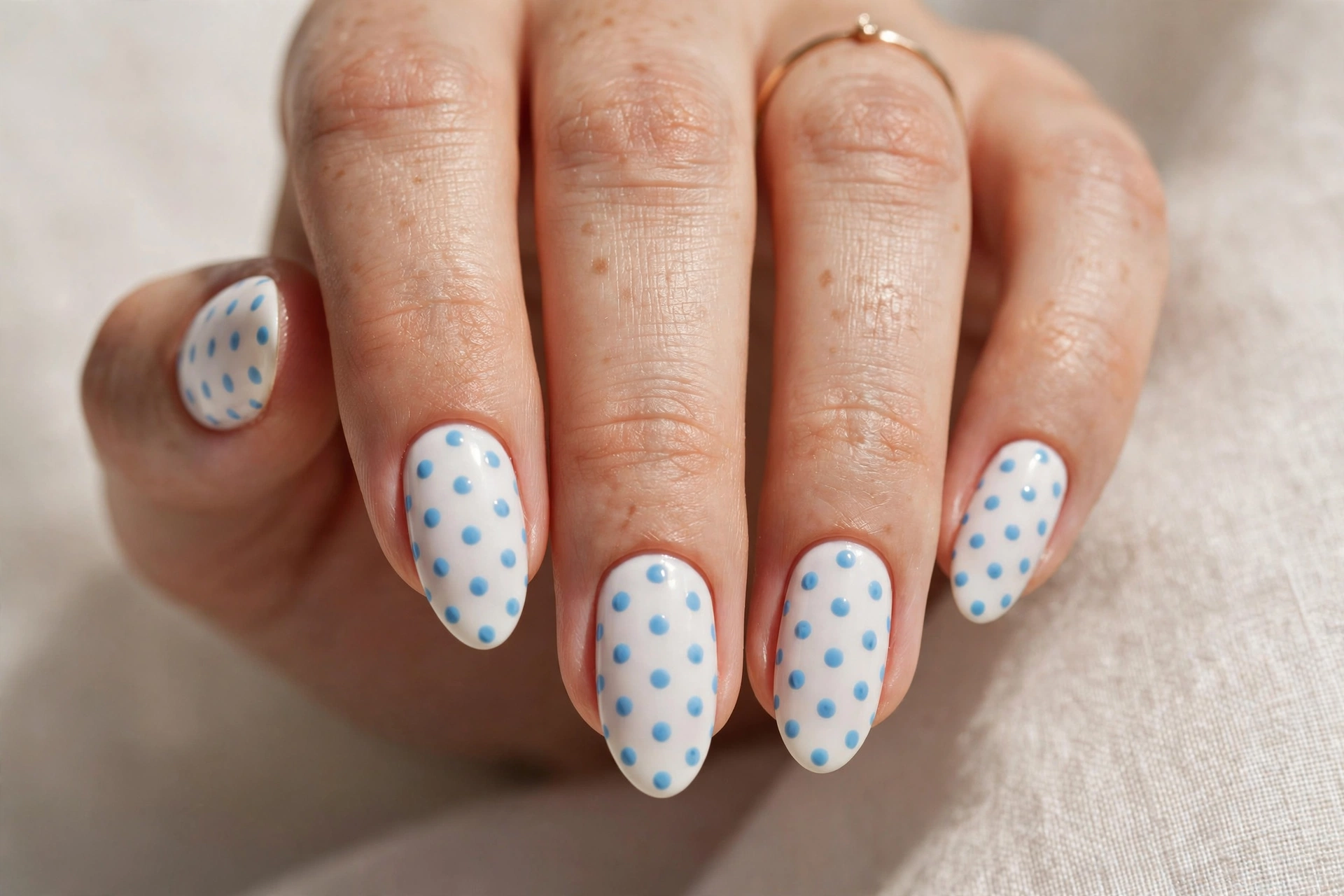 Sky blue polka dots on a white base nail art