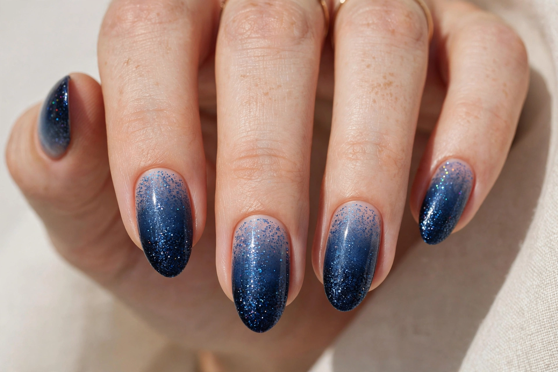 Midnight blue glitter ombre nail art fading into dark sparkle
