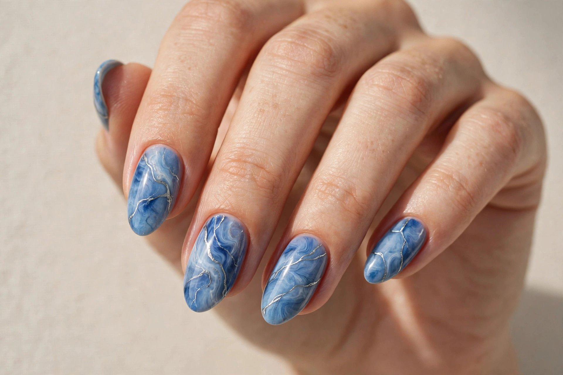 Blue marble nail art with fine silver veining