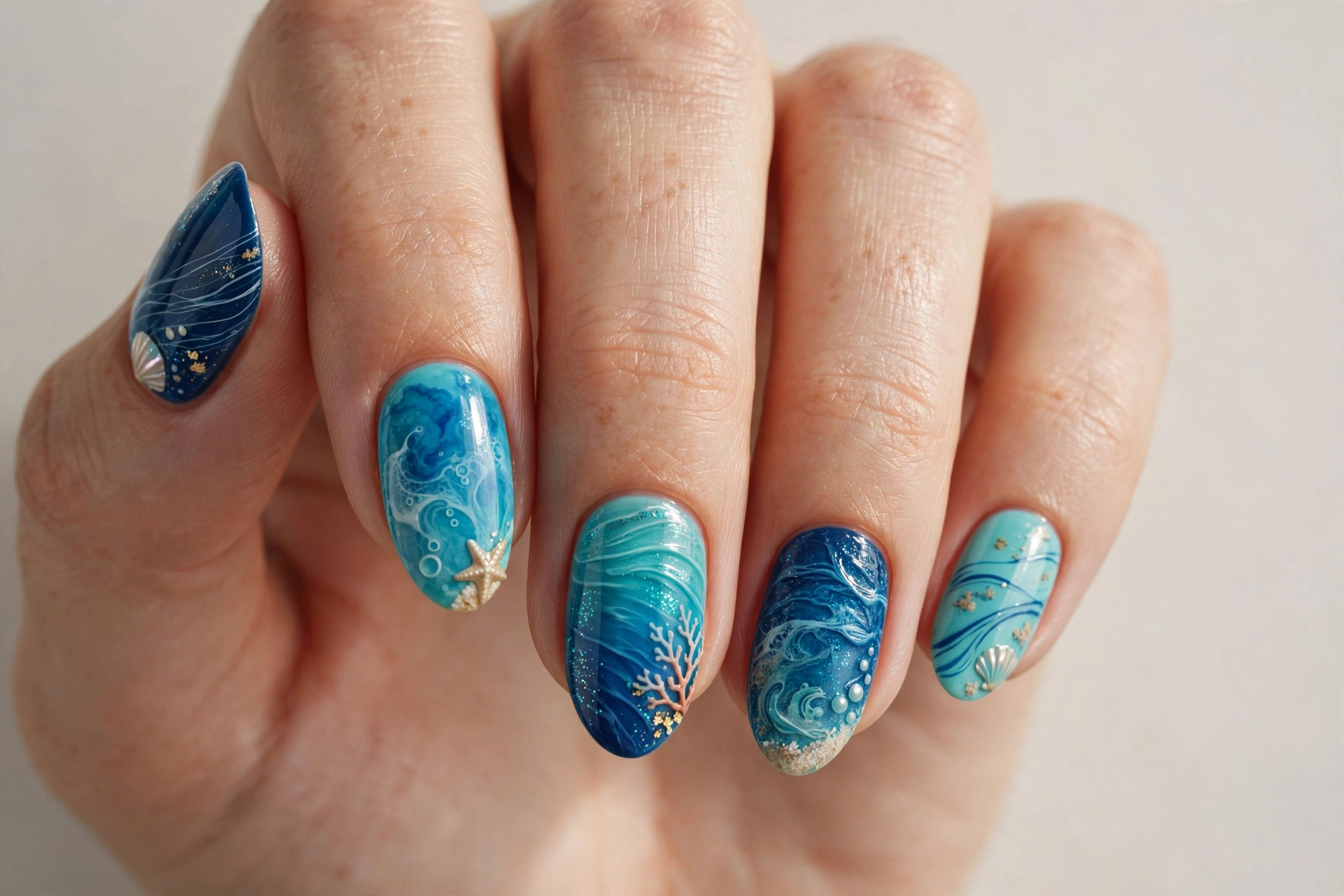 Turquoise and deep blue beach-inspired nail art
