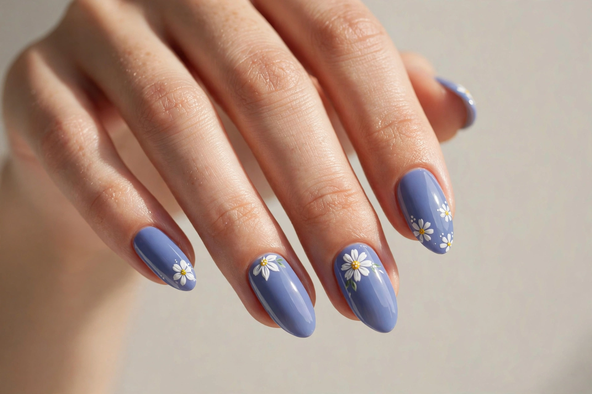 Periwinkle blue nails with white daisy flower nail art