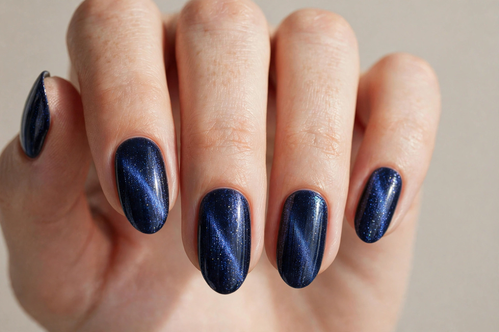 Dark blue velvet glass shimmer nail art with magnetic effect