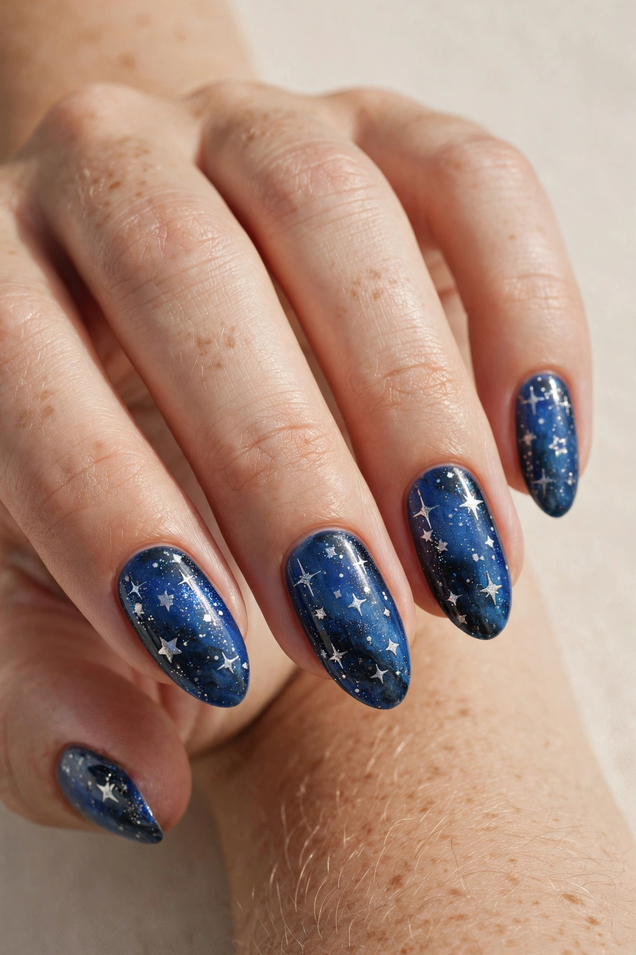 Blue starry night sky nail art with tiny silver stars
