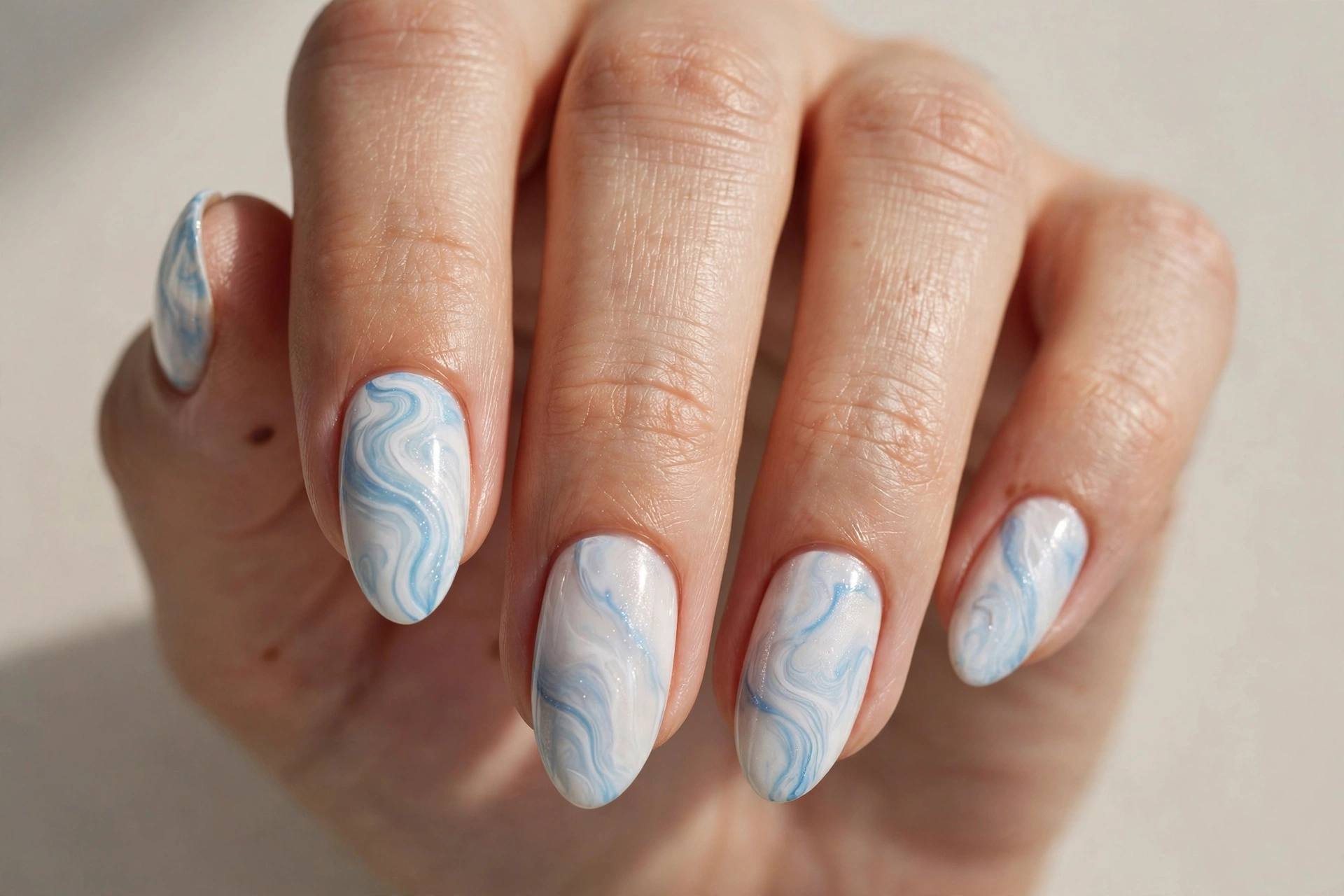 Light blue and white marble swirl nail design on almond shaped nails