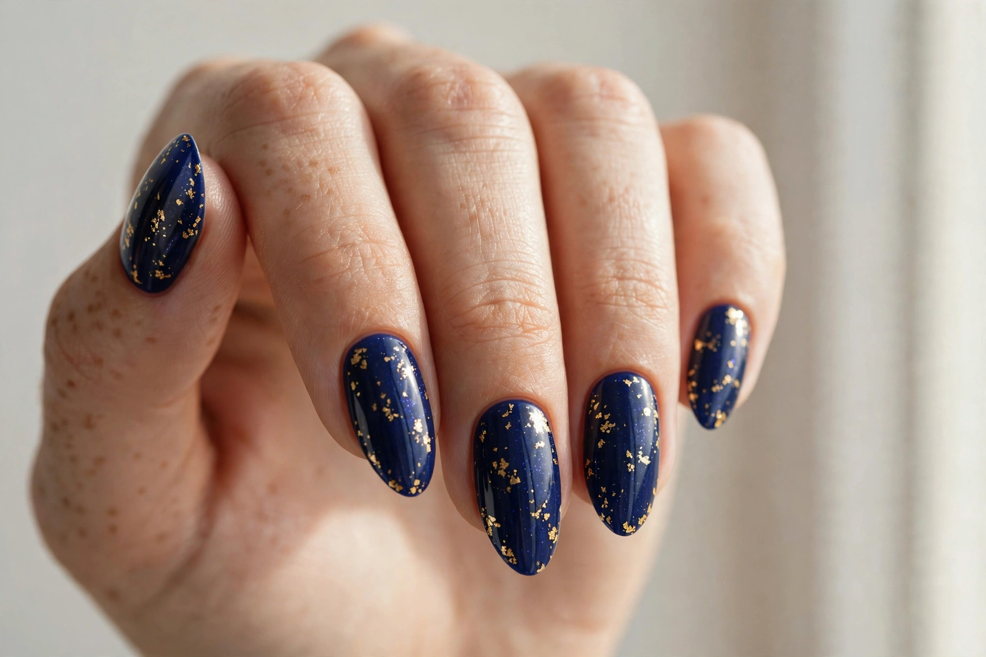 Deep navy blue manicure with delicate gold foil flakes on almond nails