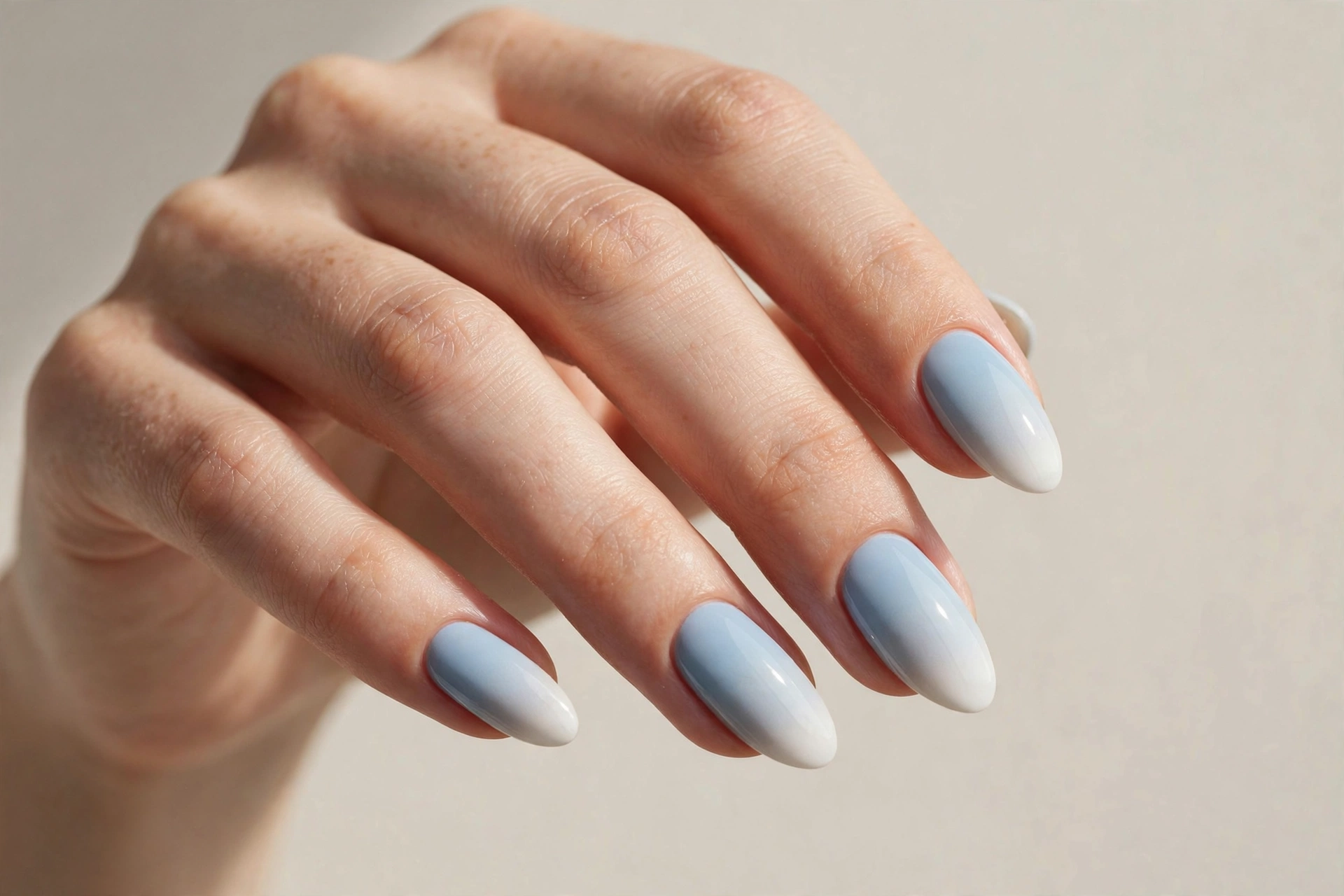 Baby blue ombre manicure fading to white at the tips on almond nails