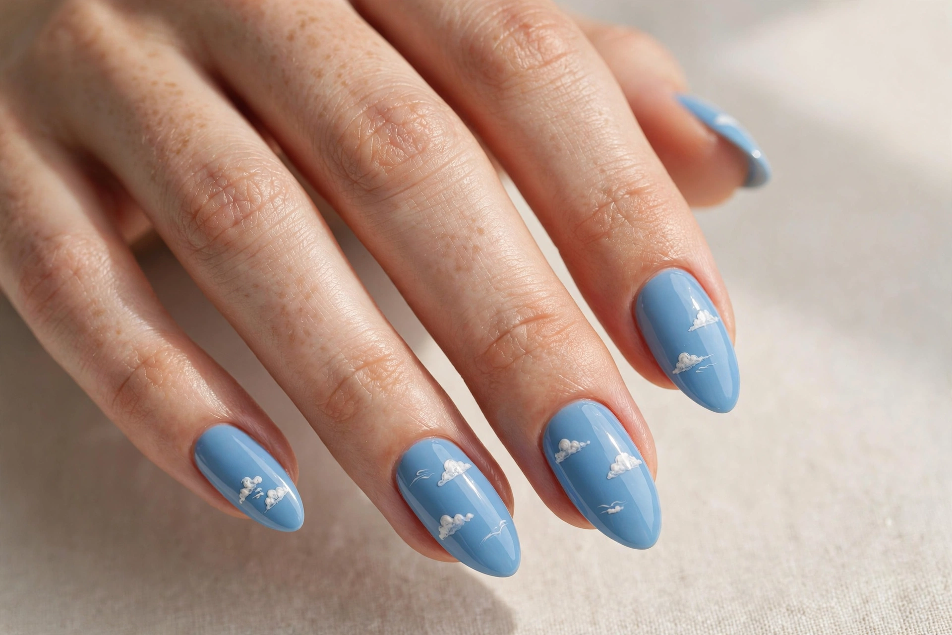 Sky blue manicure with tiny hand-painted white clouds on almond nails