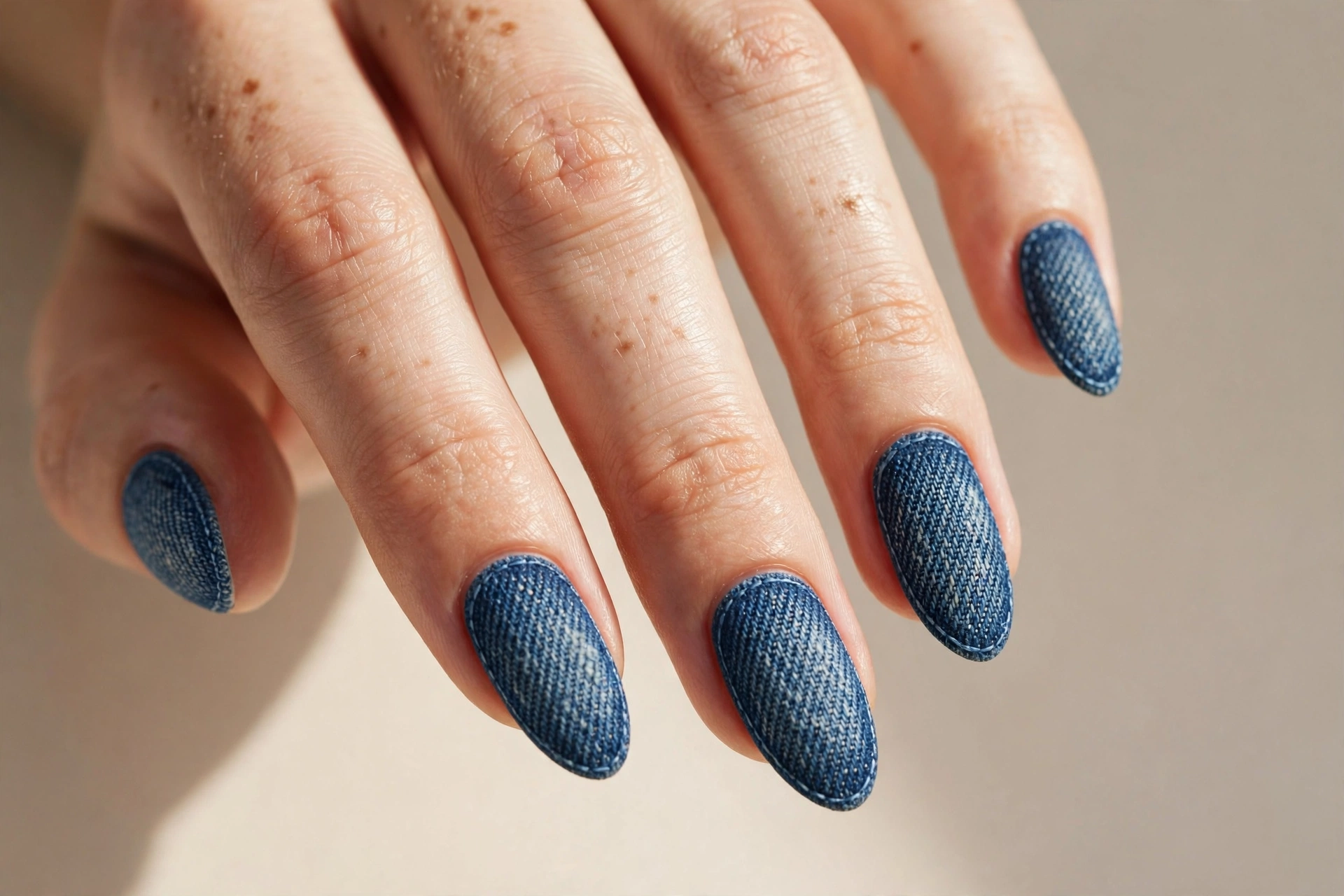 Denim blue matte textured manicure like jeans fabric on almond nails