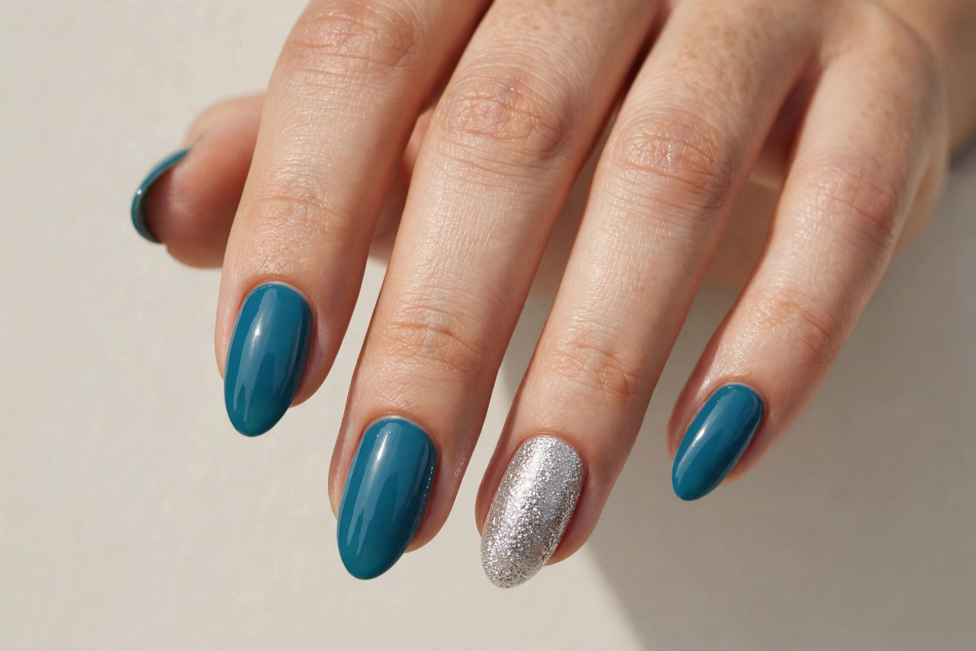 Teal blue manicure with a silver glitter accent nail, almond shape