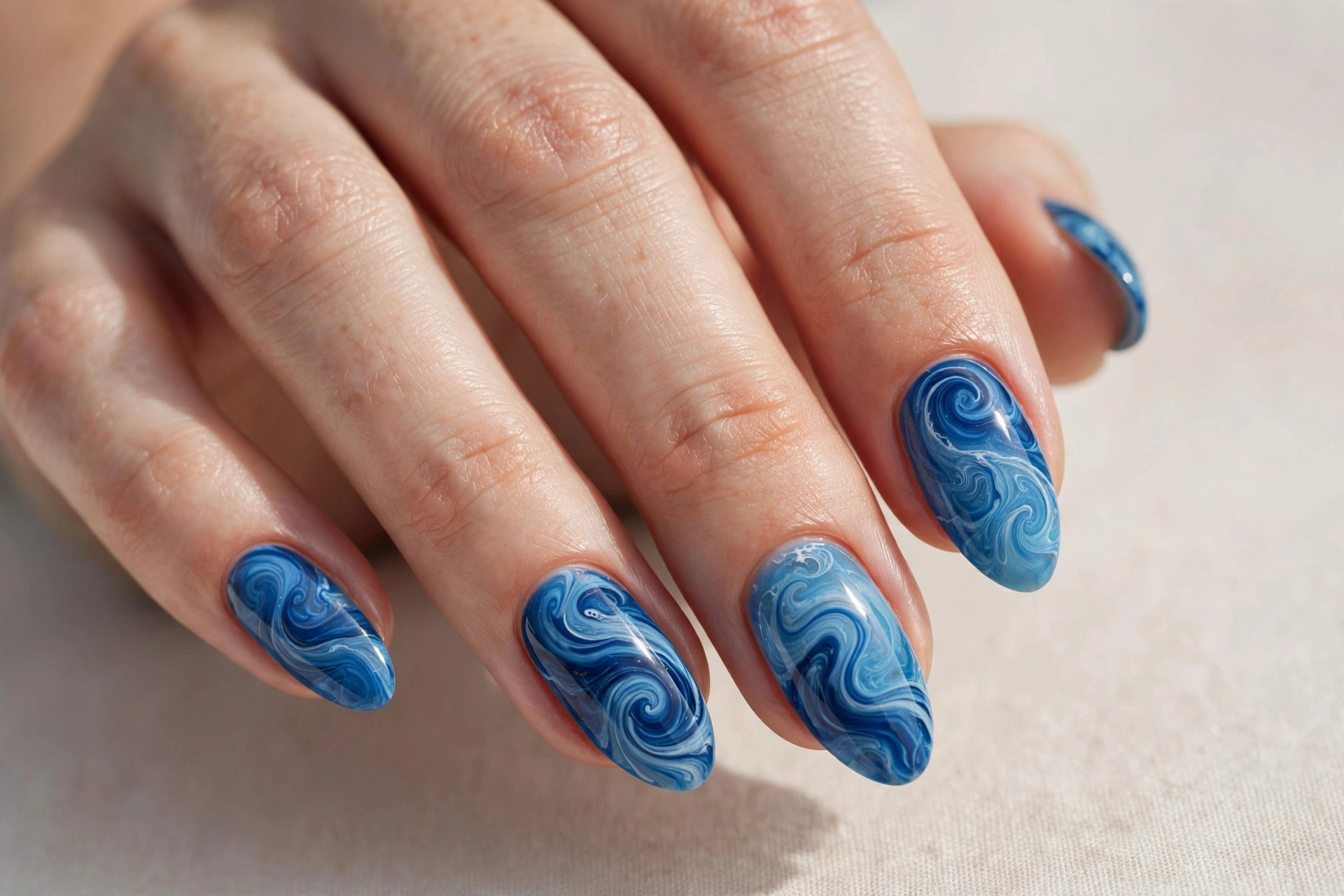 Ocean wave blue swirl manicure in deep and light blue tones on almond nails