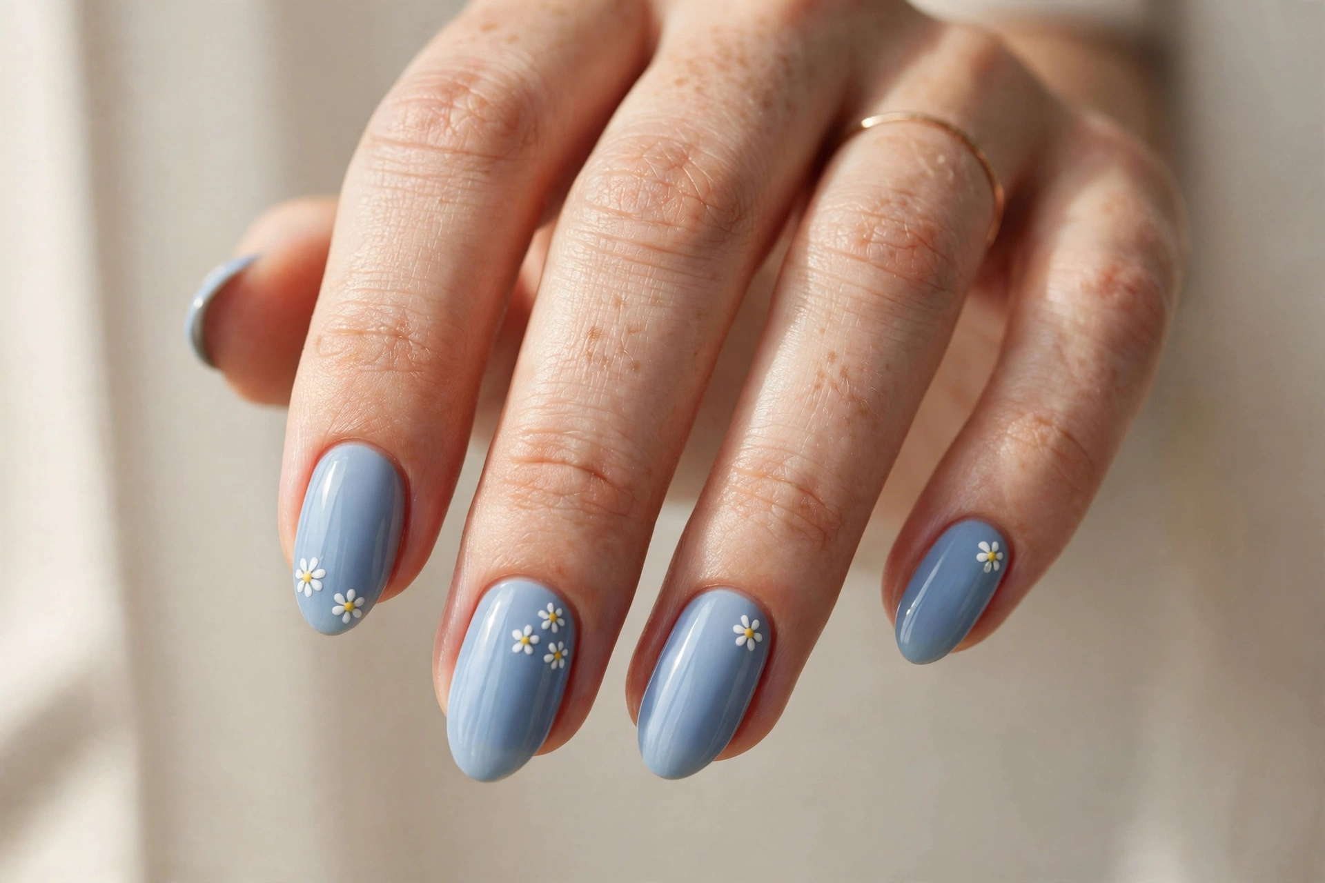 Powder blue manicure with tiny white daisy flowers on almond nails