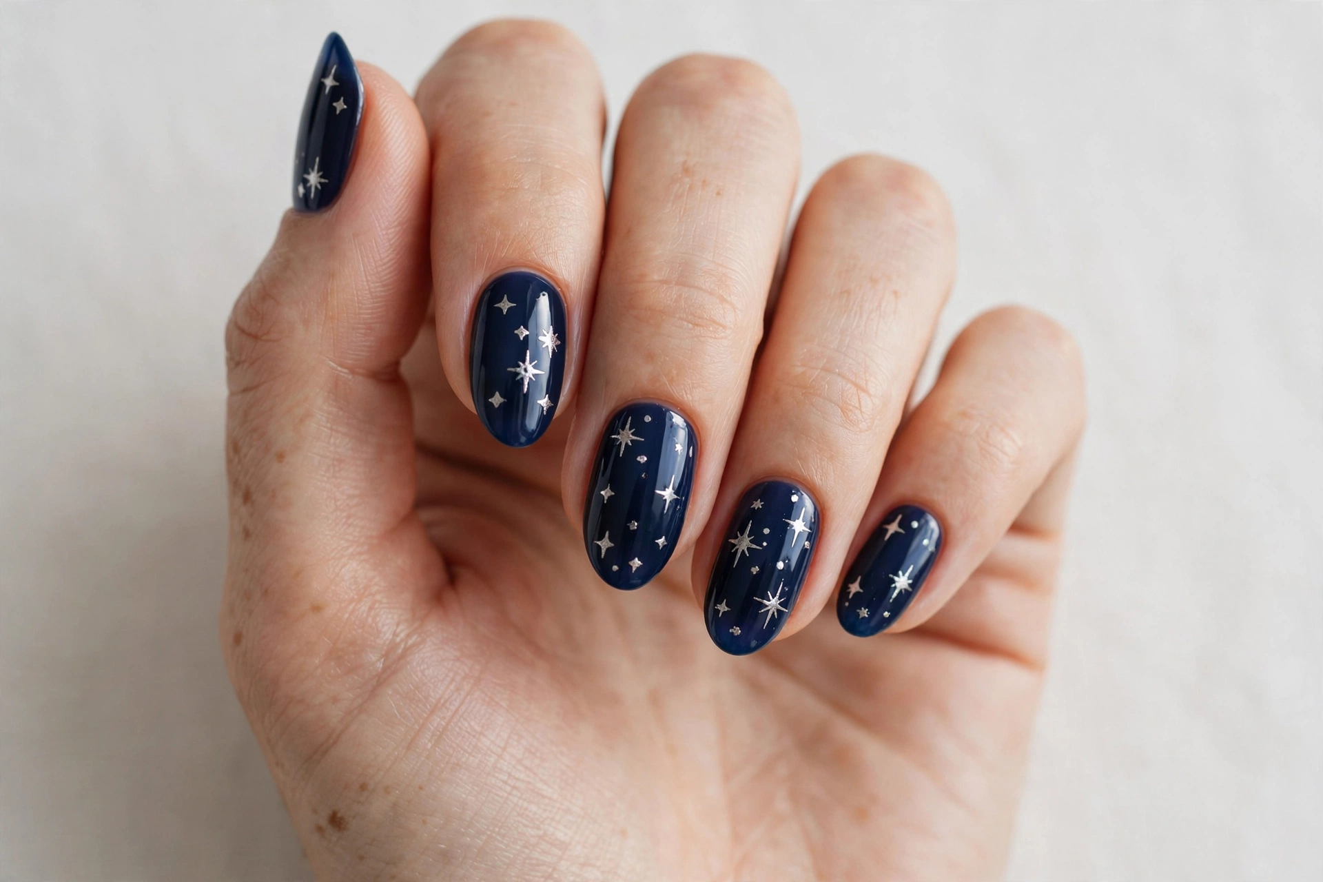 Midnight blue manicure with tiny hand-painted silver stars on almond nails