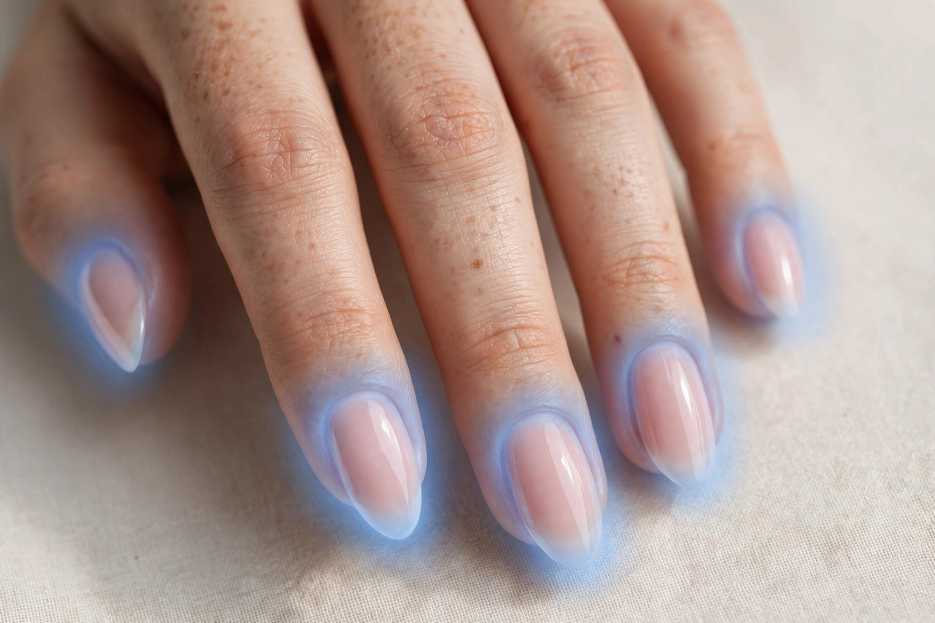 Blue aura nail art with soft blue glow halo over pale pink base on almond nails