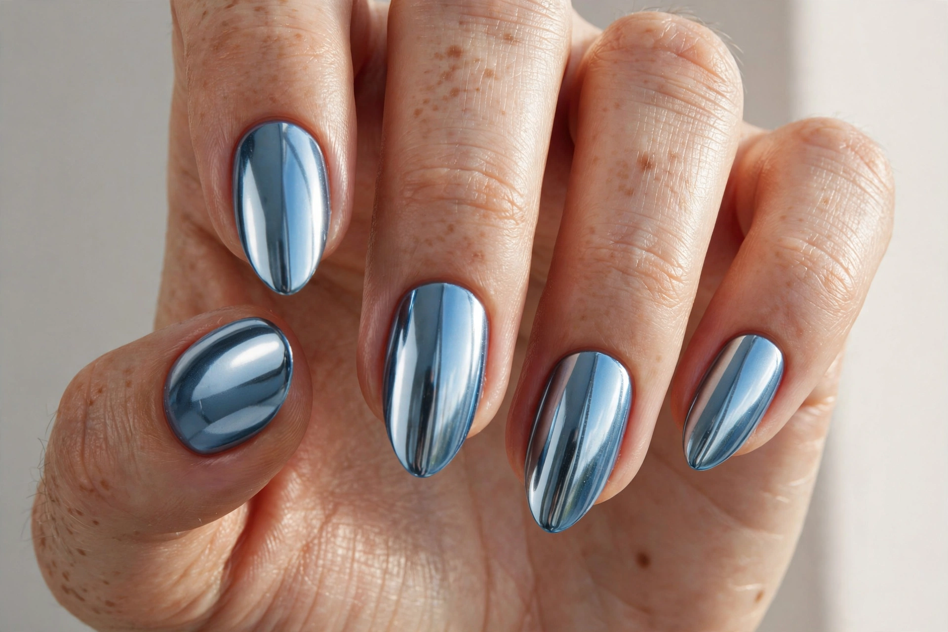 Icy blue chrome metallic mirror manicure on almond shaped nails