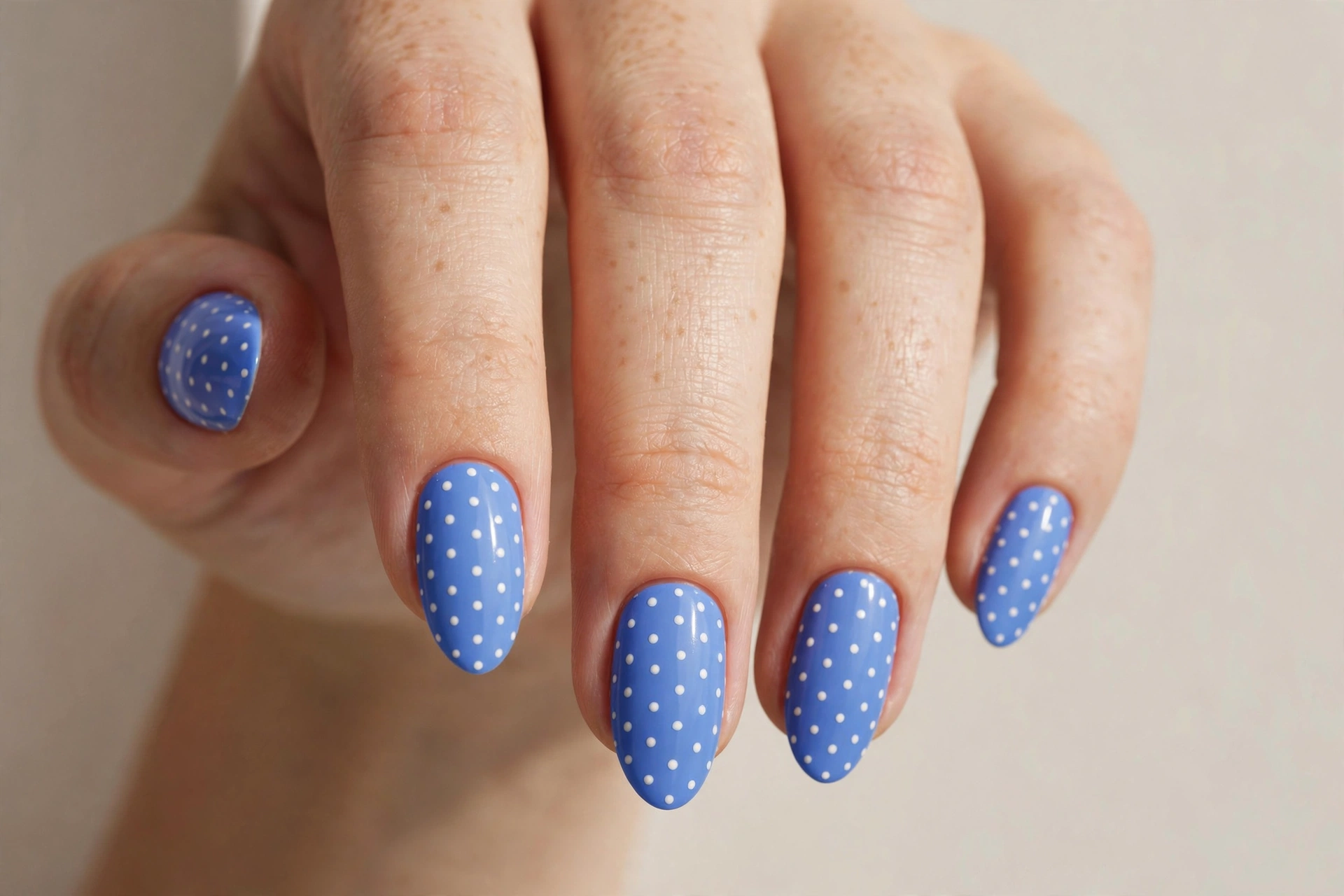 Cornflower blue manicure with tiny white polka dots on almond nails