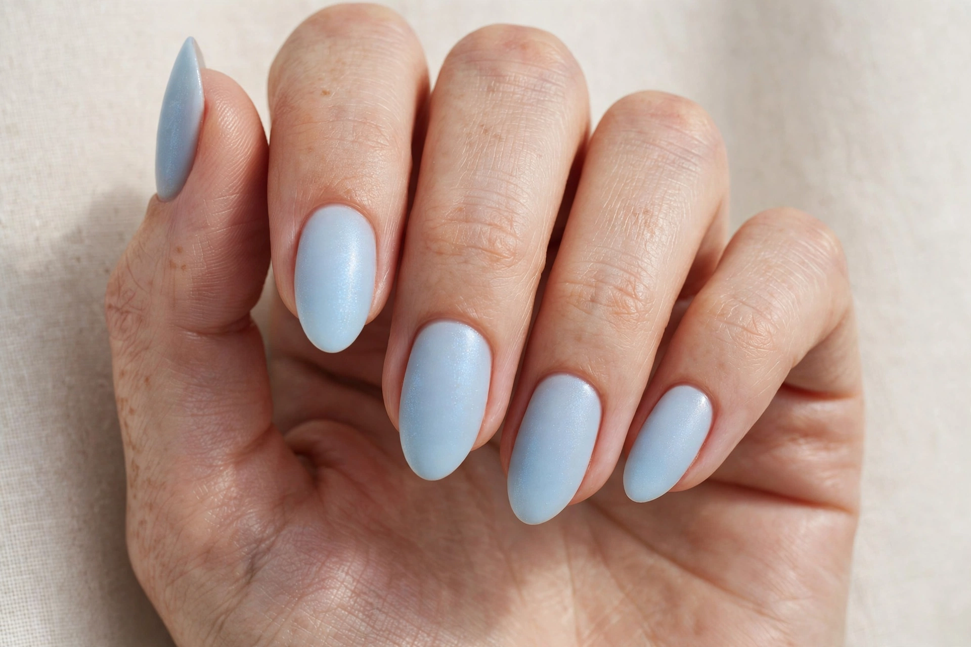 Close-up of a hand with frosty baby blue manicure on almond nails