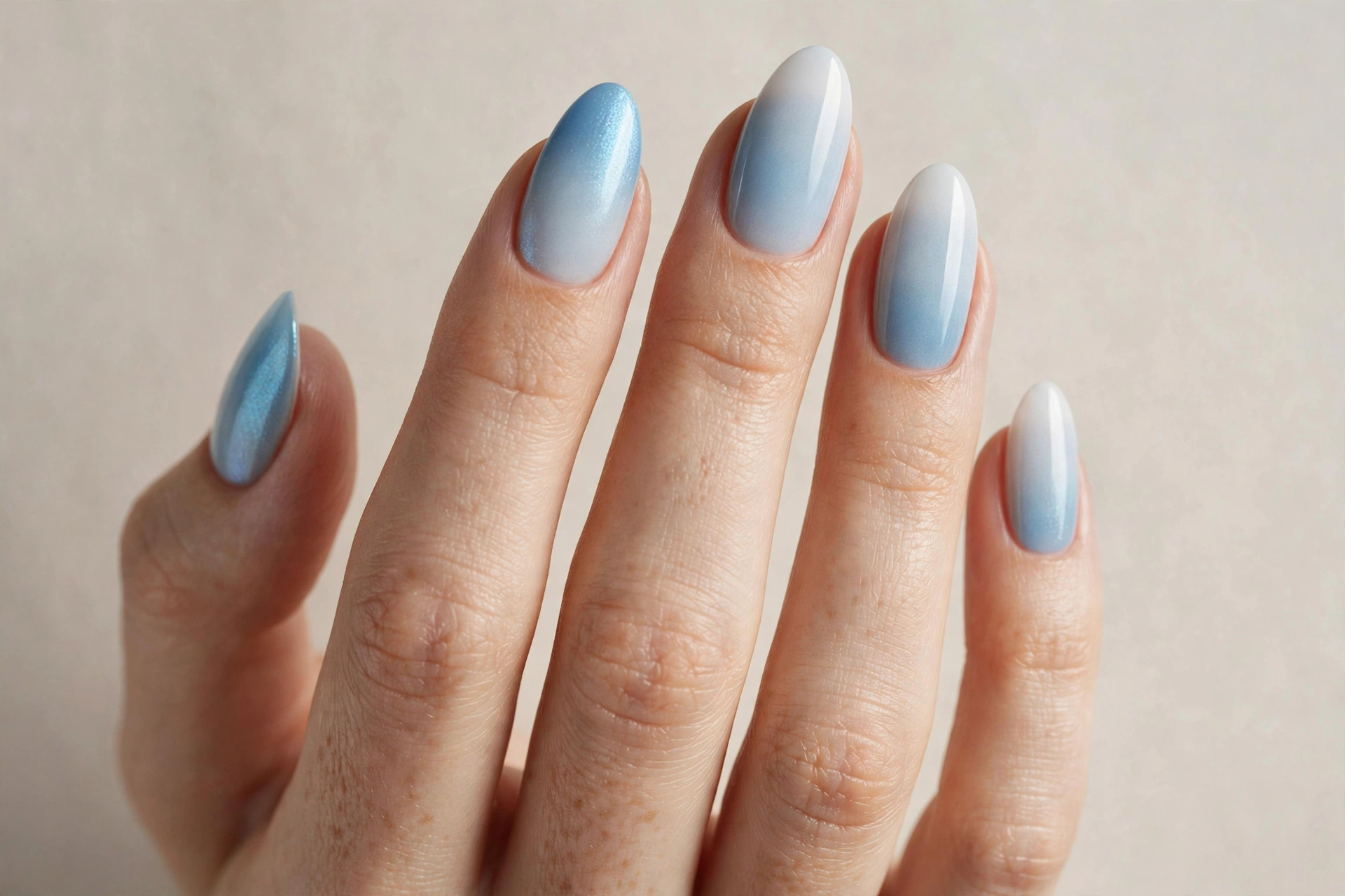 Close-up of a hand with icy blue to white ombre gradient nails