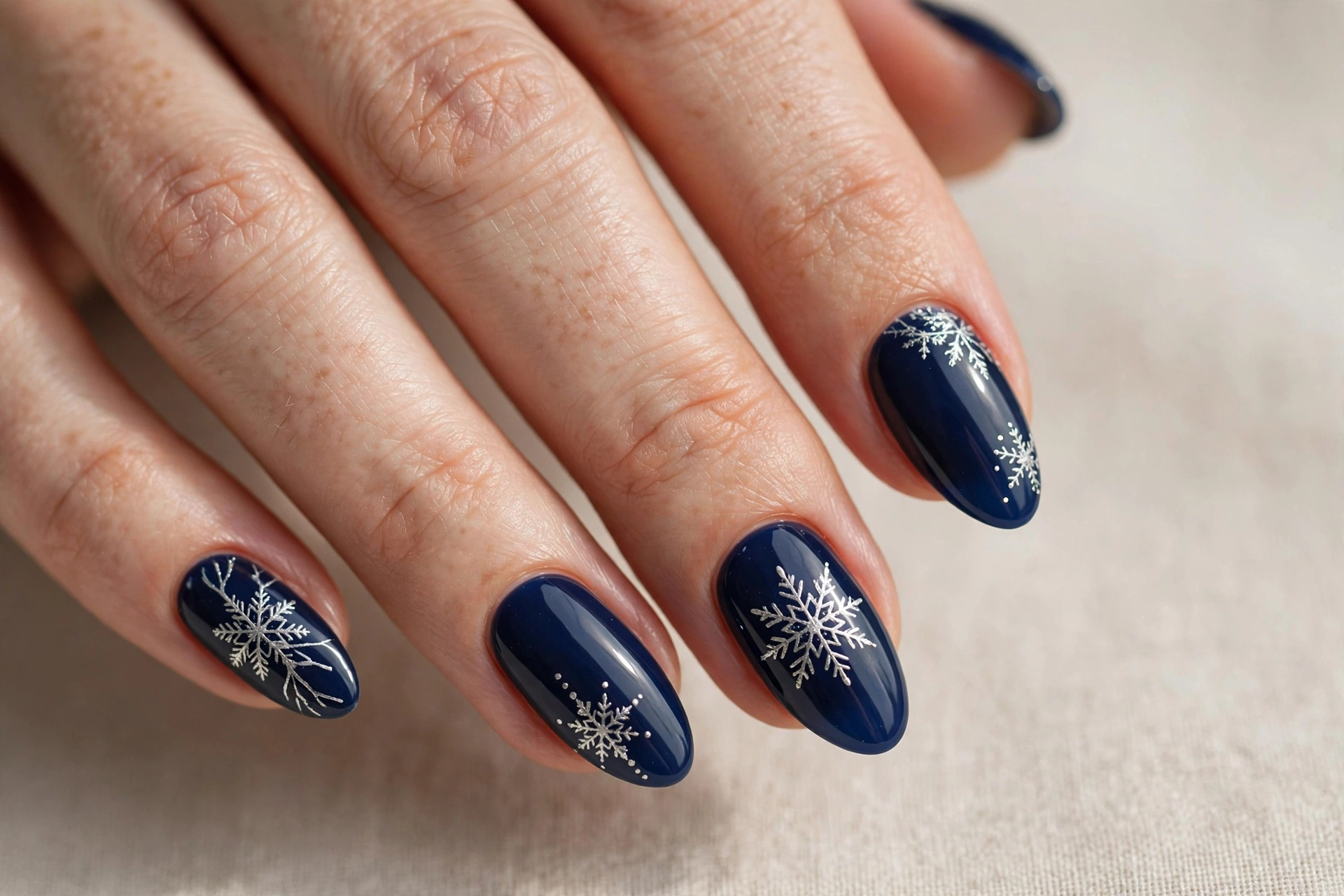 Close-up of a hand with navy blue nails decorated with silver snowflake art