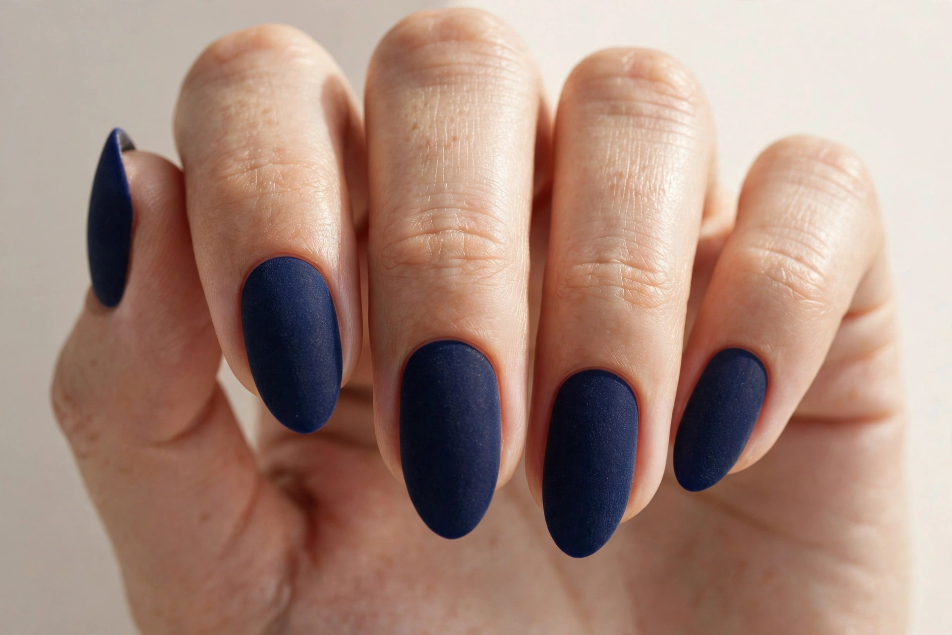 Close-up of a hand with deep navy blue matte velvet manicure
