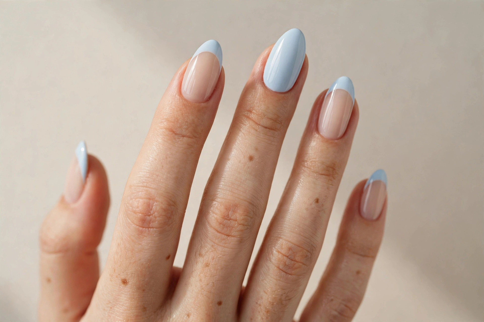 Close-up of a hand with pale blue french tip nails on nude base