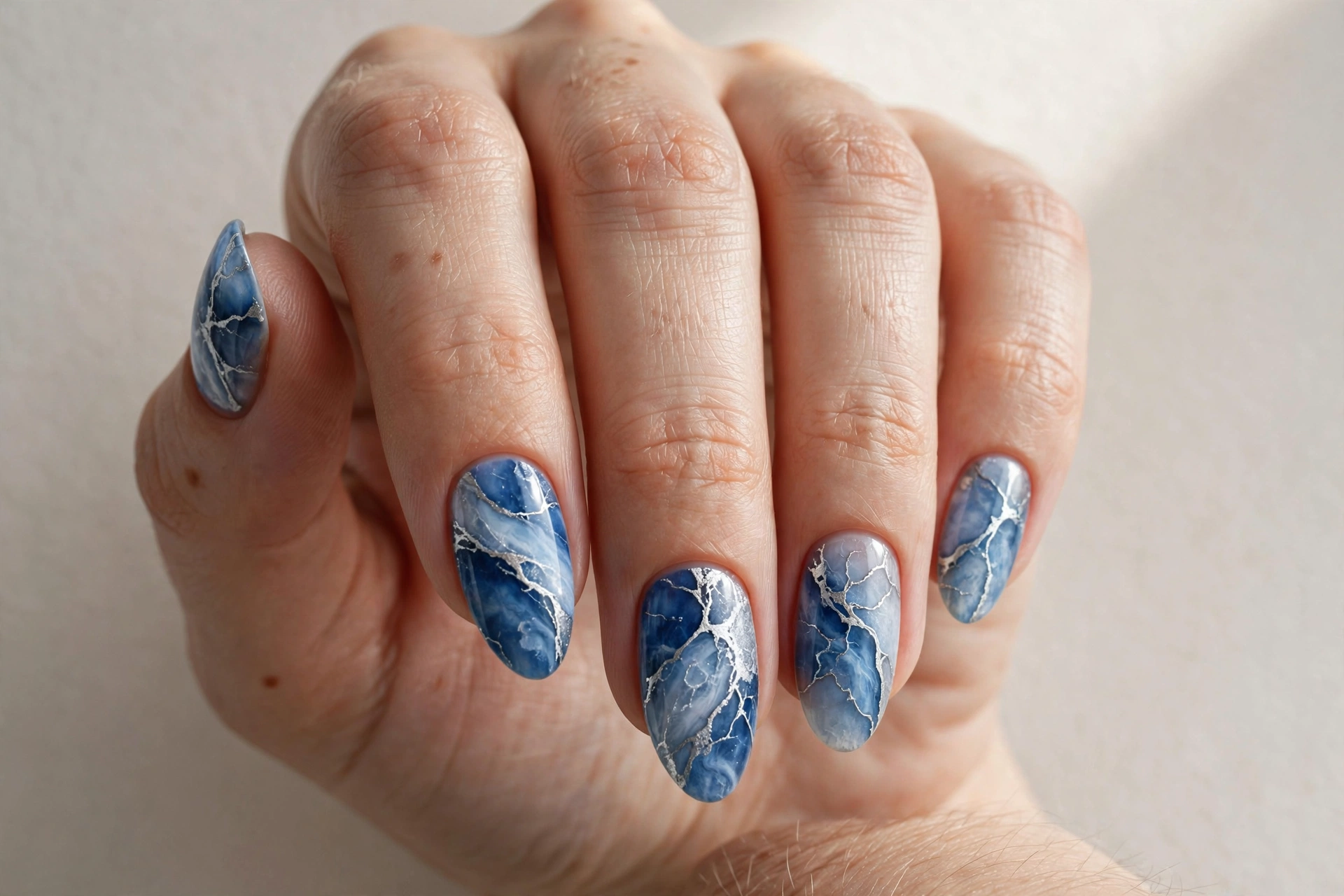 Close-up of a hand with blue marble nails with silver veins like frozen ice