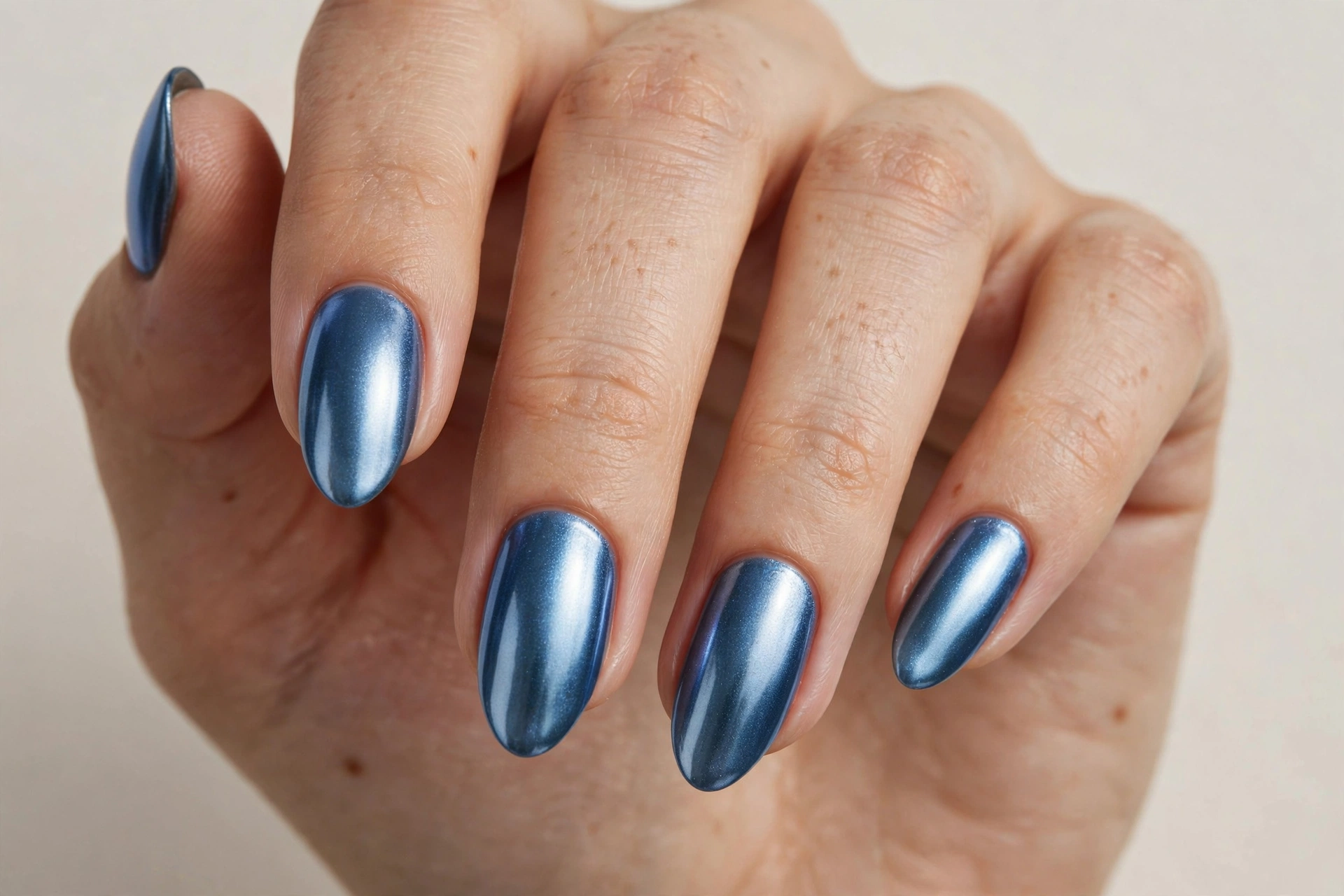 Close-up of a hand with frozen metallic blue chrome manicure