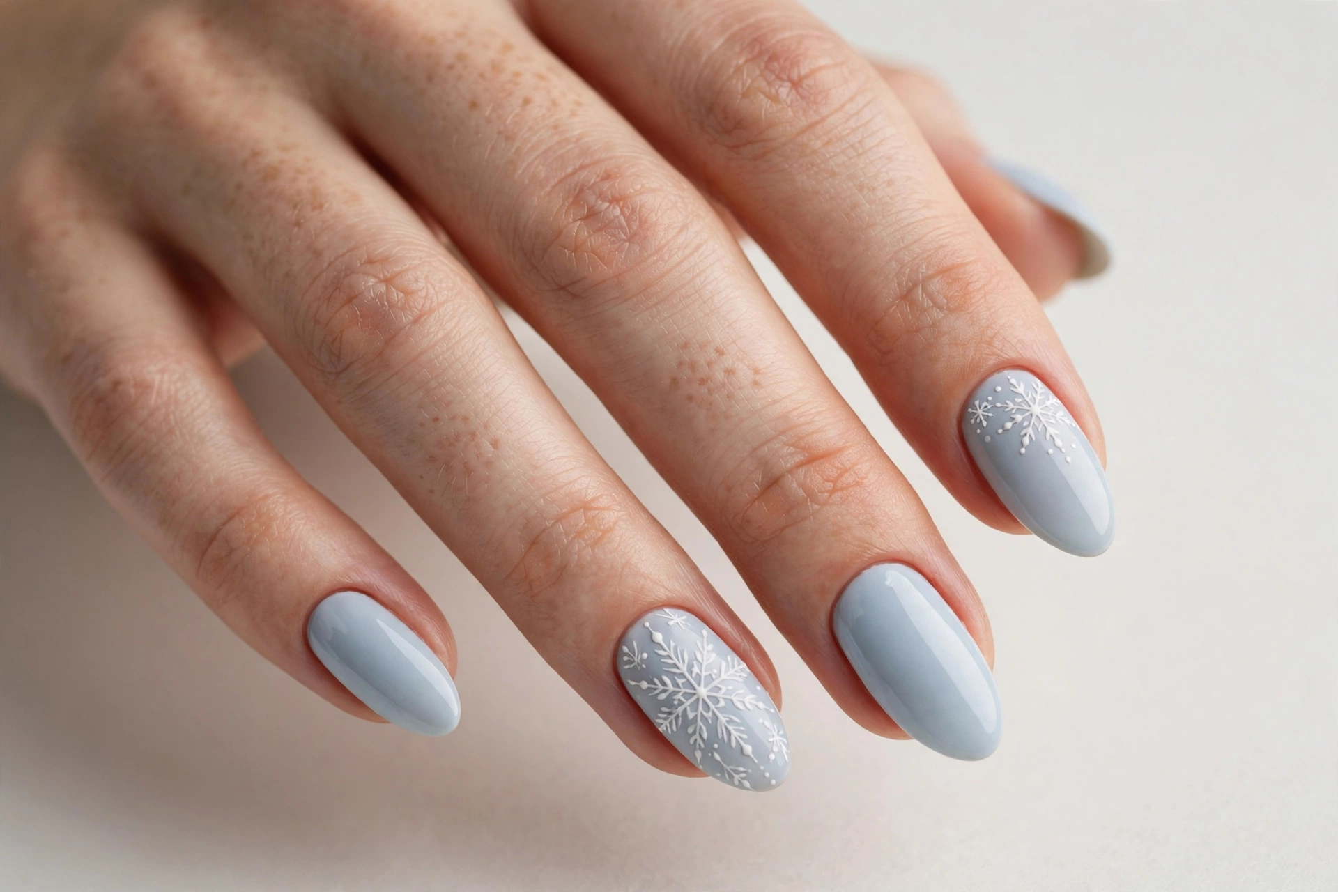 Close-up of a hand with powder blue nails with white snowflake art on accent nails