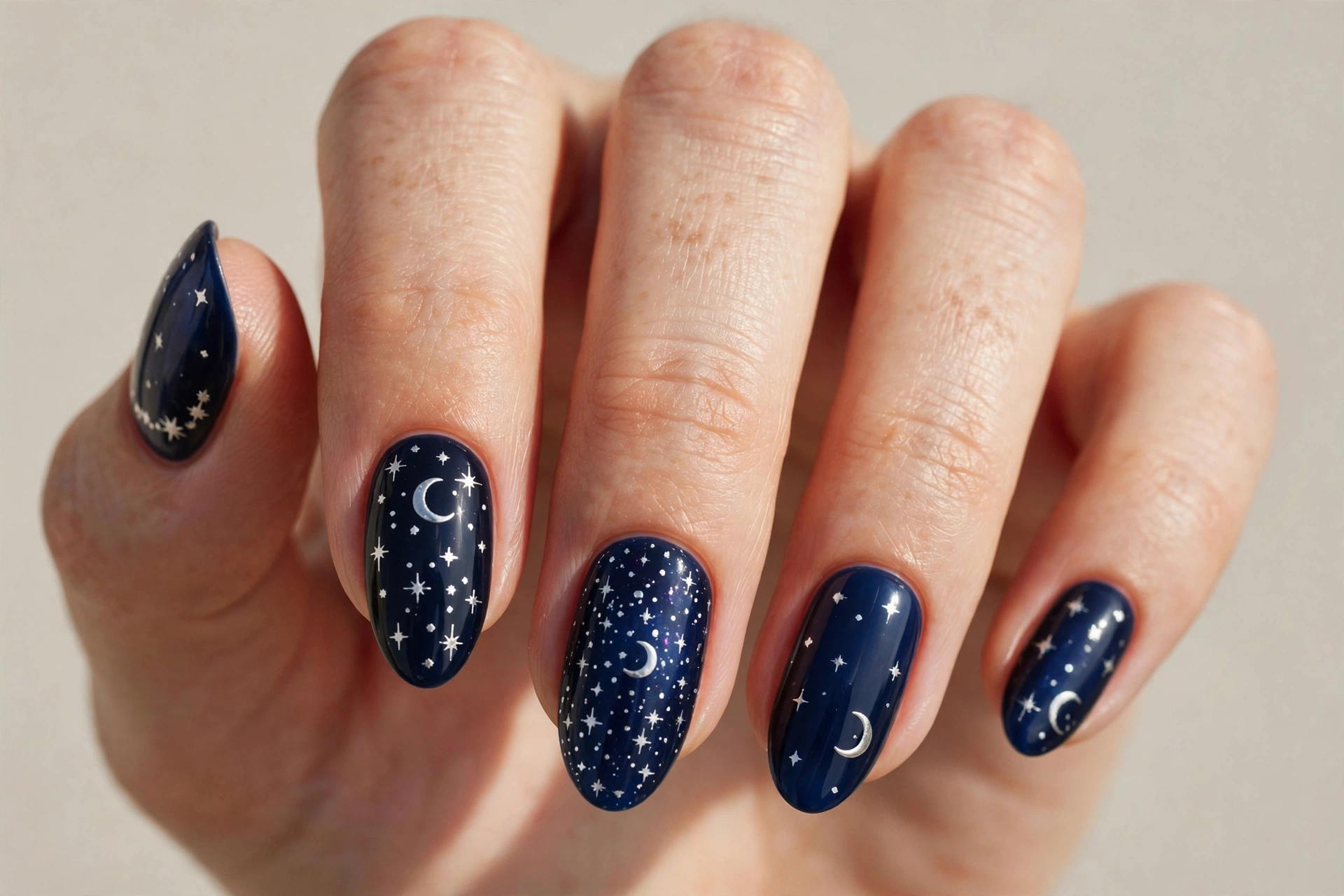 Close-up of a hand with midnight blue nails with white stars and silver moons