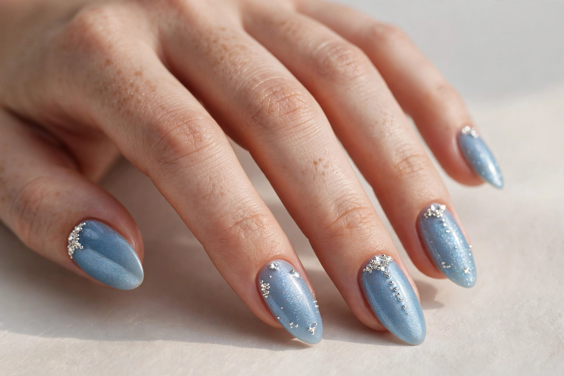 Close-up of a hand with icy blue nails decorated with tiny silver crystals