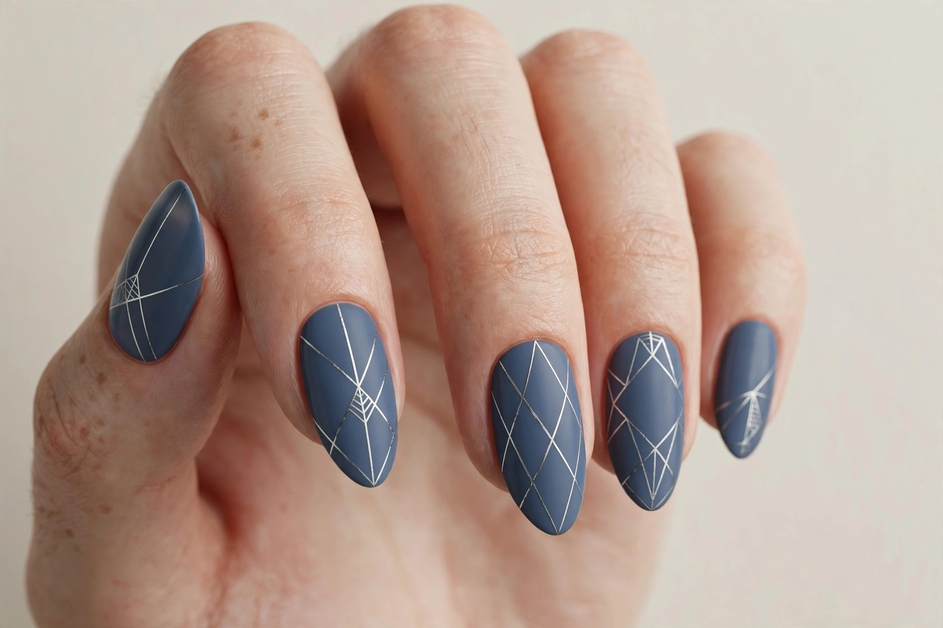 Close-up of a hand with slate blue nails with thin silver geometric line art
