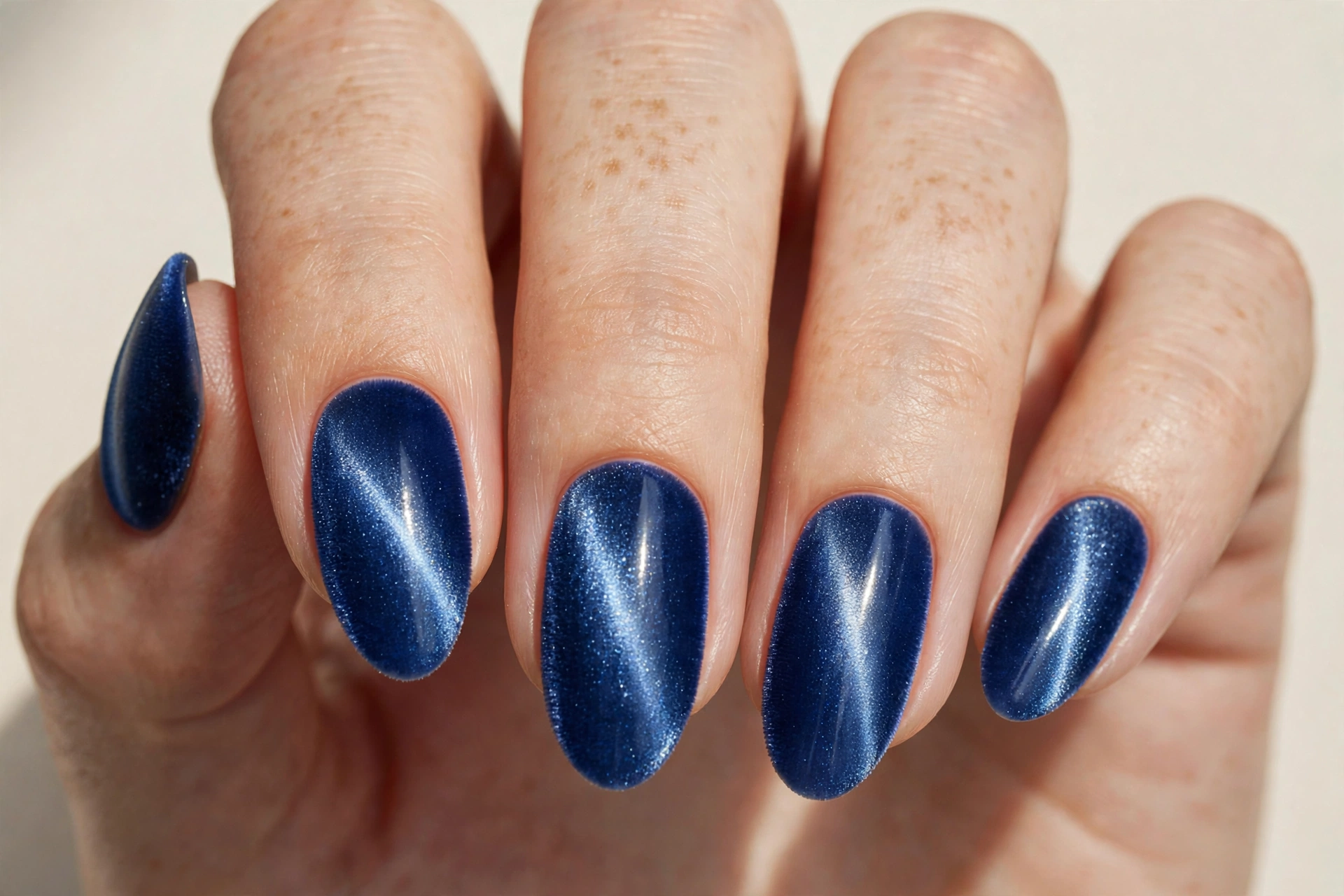 Close-up of a hand with blue velvet cat-eye manicure with shimmering stripe
