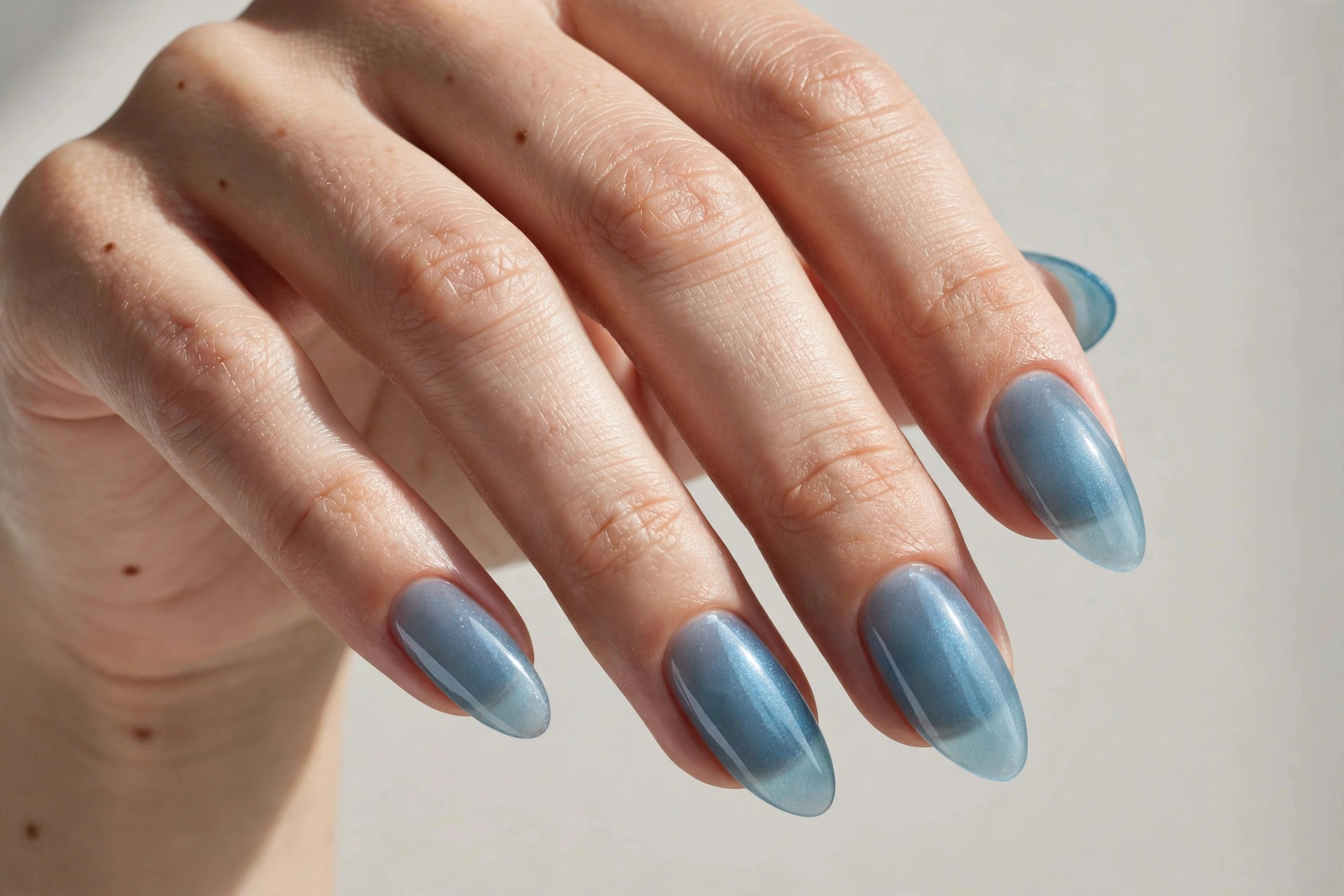 Close-up of a hand with frosted translucent blue glass nails