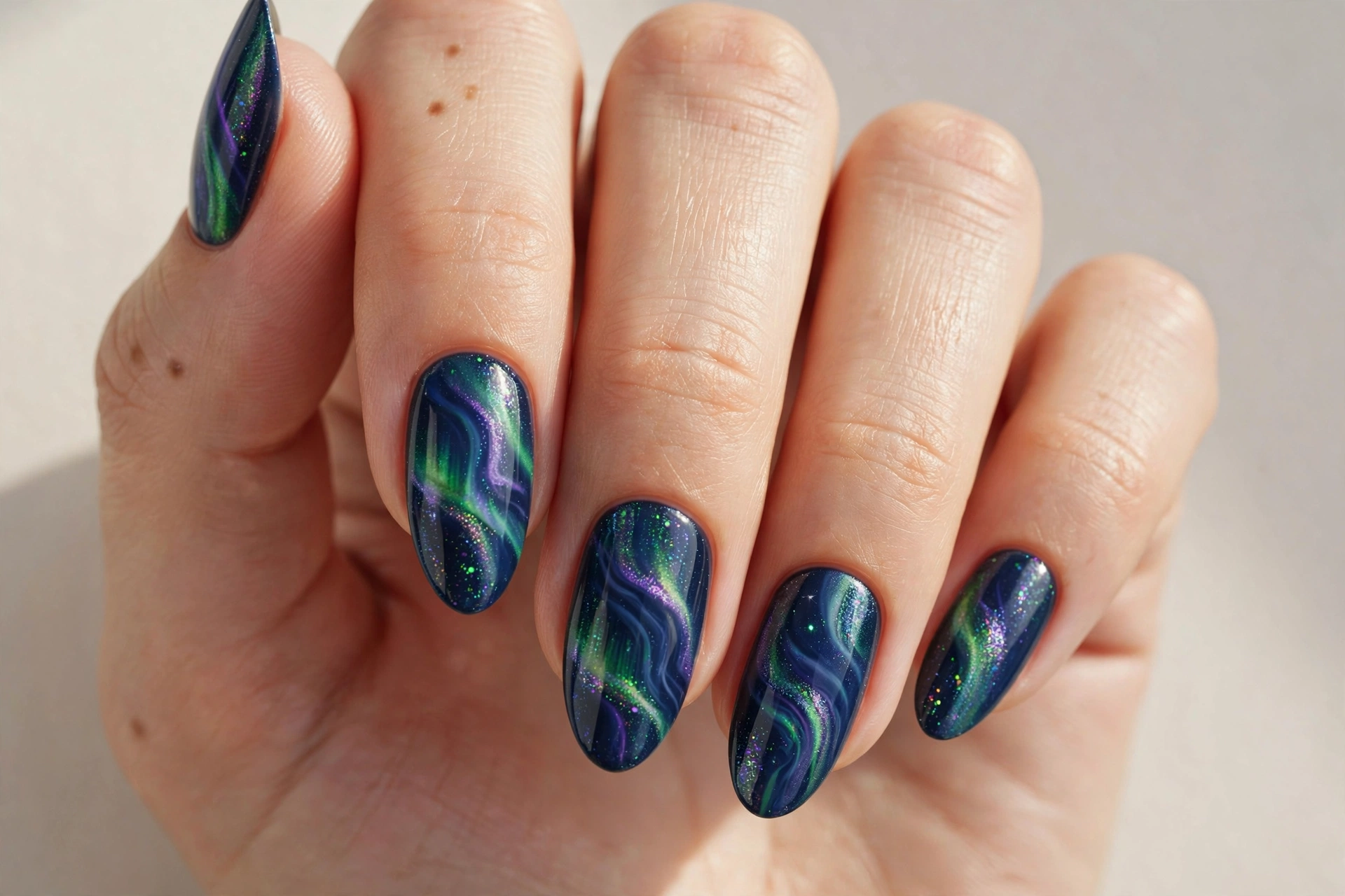 Close-up of a hand with dark blue nails with green and purple aurora shimmer swirls