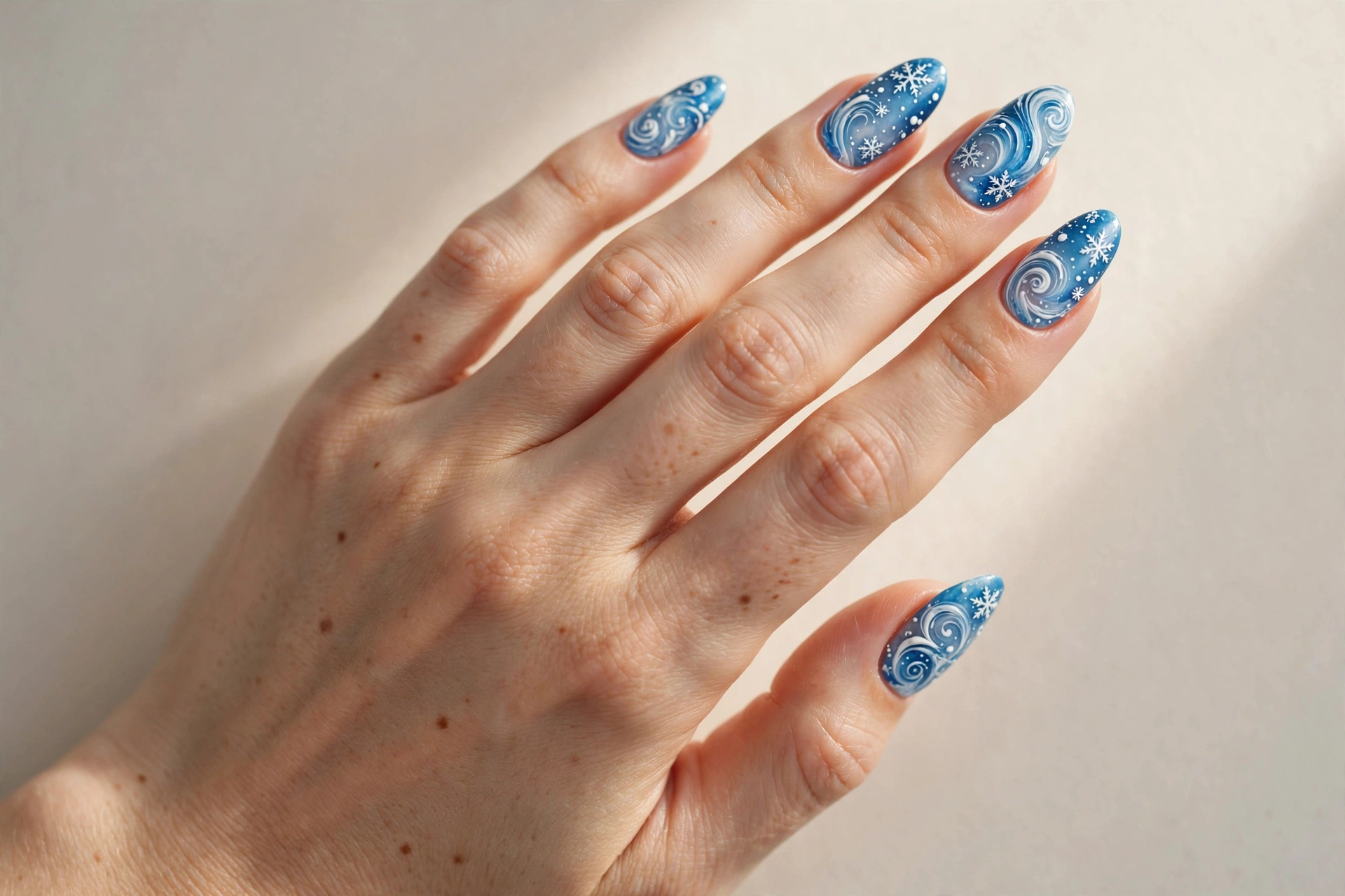 Close-up of a hand with blue and white snowstorm tip nail design