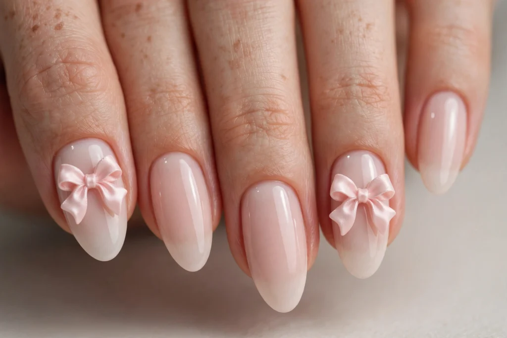 Classic pink coquette 3D bows on a milky nude base