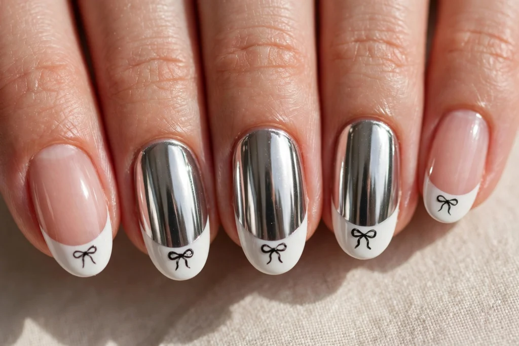 Minimalist black bow French tips with chrome glaze
