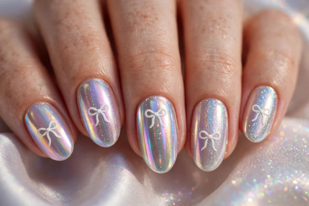 White bows on an iridescent pearl chrome base