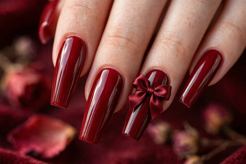 Red satin ribbon bows on deep red coffin nails