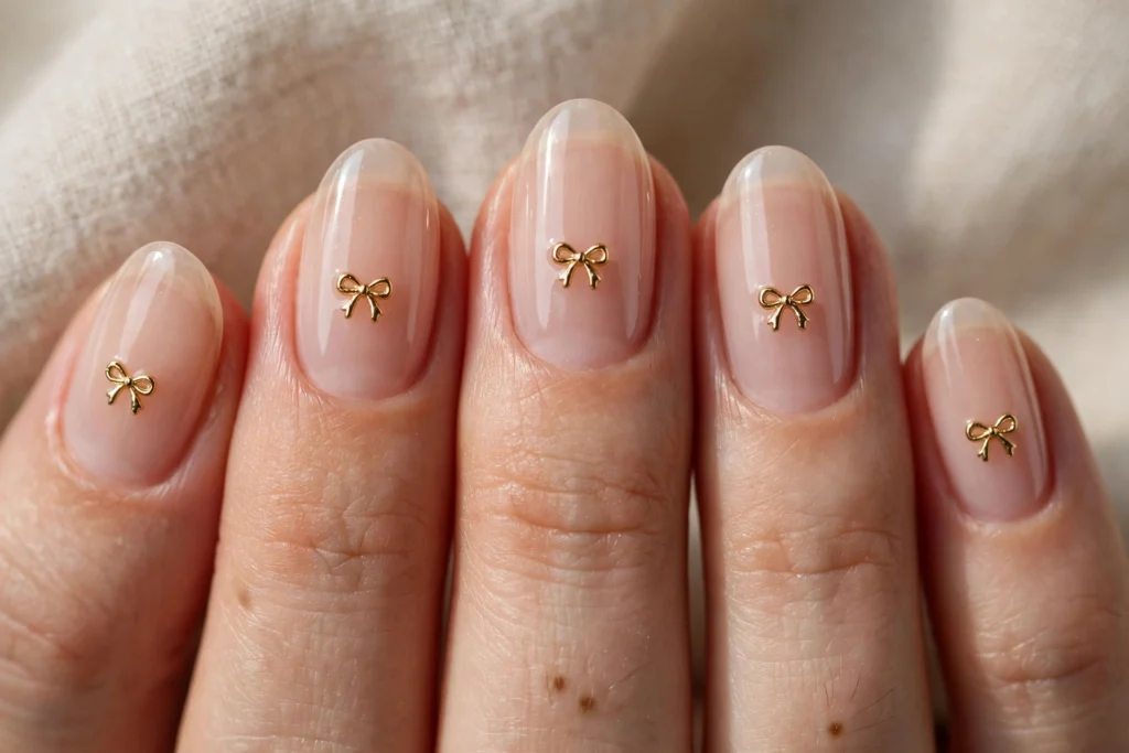 Tiny gold metallic bow charms on a sheer nude base
